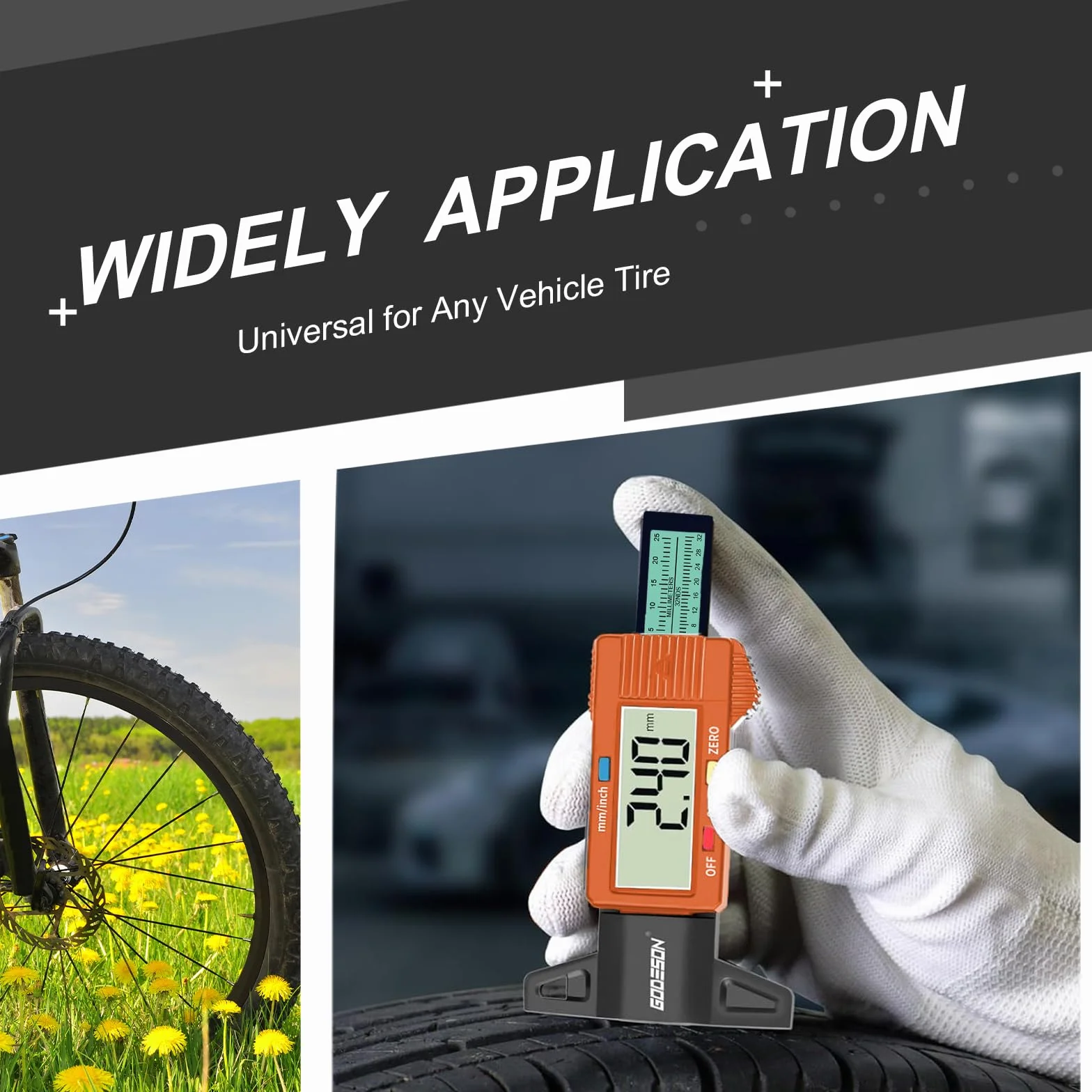 GODESON Oranżowy cyfrowy miernik głębokości bieżnika opon, 0-25,4 mm, cyfrowy miernik opon z dużym wyświetlaczem LCD i oranżowym cyfrowym miernikiem głębokości bieżnika do opon do samochodów