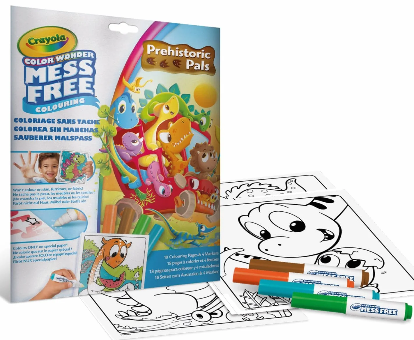 Crayola - Color Wonder, zestaw do kolorowania z 18 stronami do kolorowania i 4 markerami bez plam, motyw przyjaciół dinozaurów, kreatywna aktywność dla dzieci, 3,4,5 lat, 75-7158