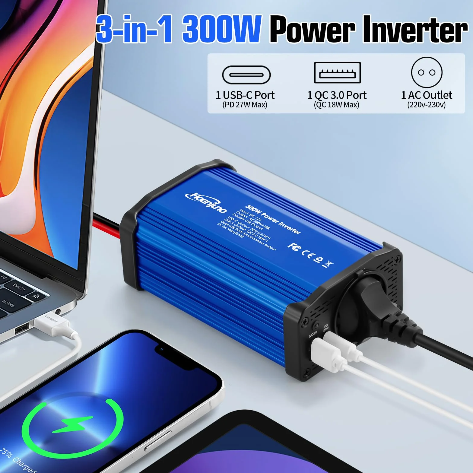 Przetwornica napięcia 300 W, 12 V na 220-230 V, z gniazdem UE i złączem USB typu C i QC 3.0, możliwość ładowania laptopa, iPada, iPhone'a, tabletu, konsoli i wielu innych