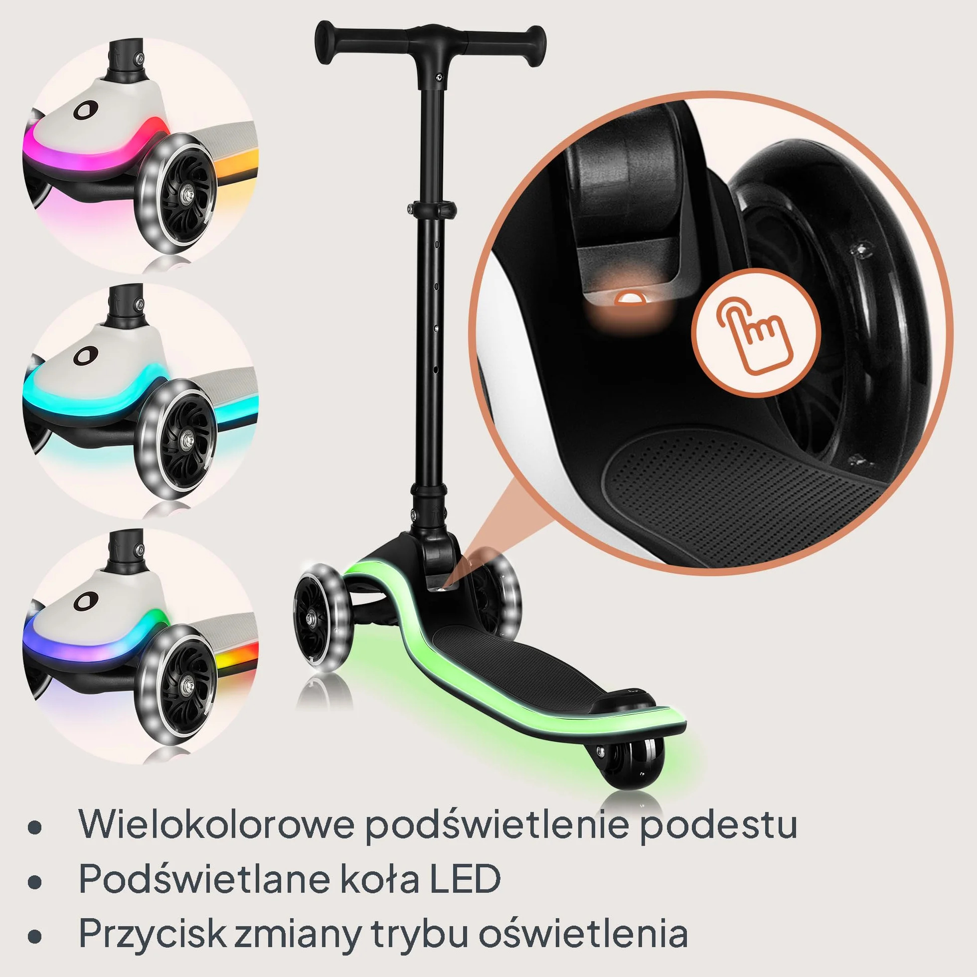 LIONELO MEY Hulajnoga Balansowa dla Dzieci od 3 roku życia do 50 kg, Trójkołowa Hulajnoga Dziecięca z Regulacją Wysokości, Antypoślizgowy Podświetlany Podest i Koła LED, Koszyk