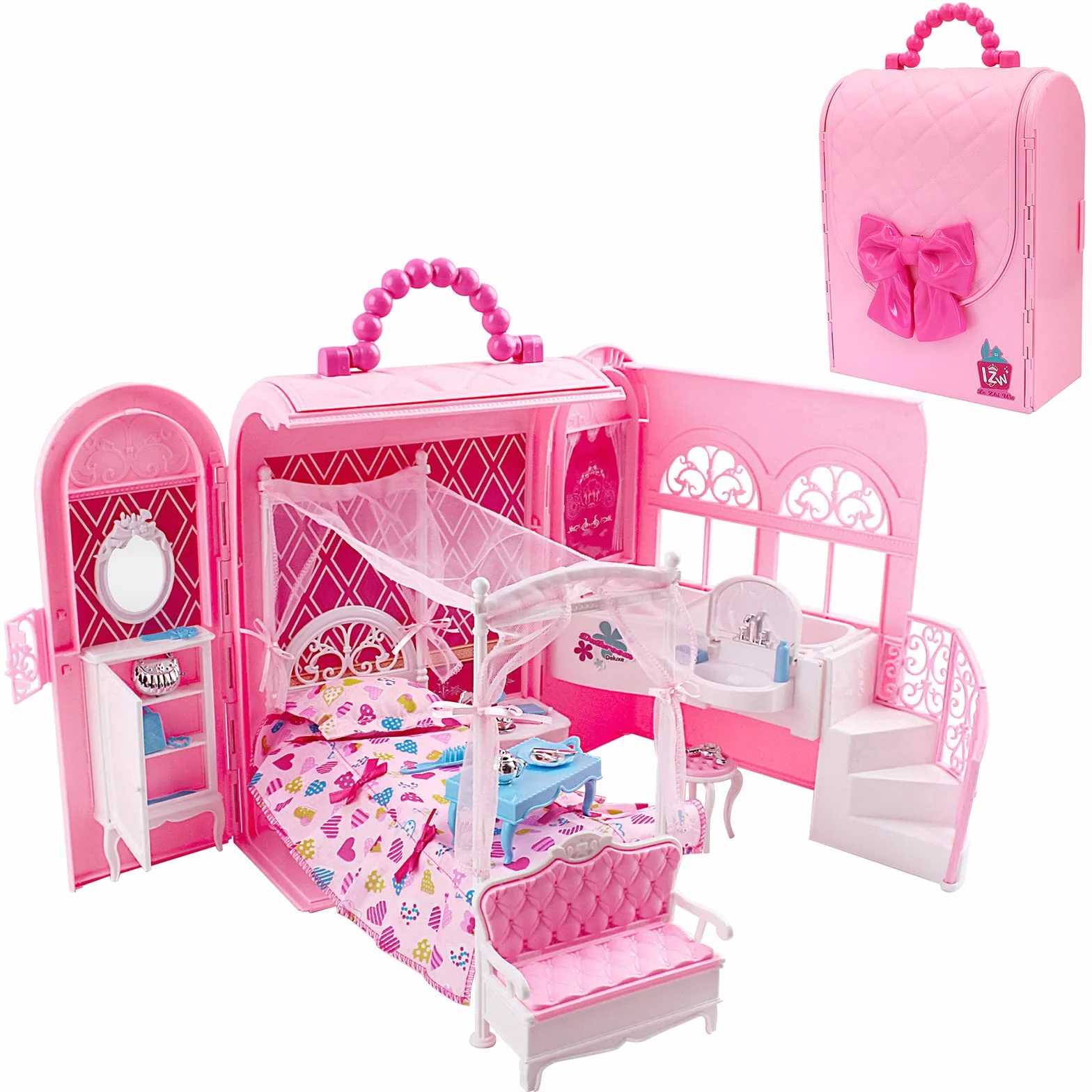 deAO Przenośne pudełko 2 w 1 i pokój dla lalek Princess Deluxe z meblami (lalka nie jest dołączona)