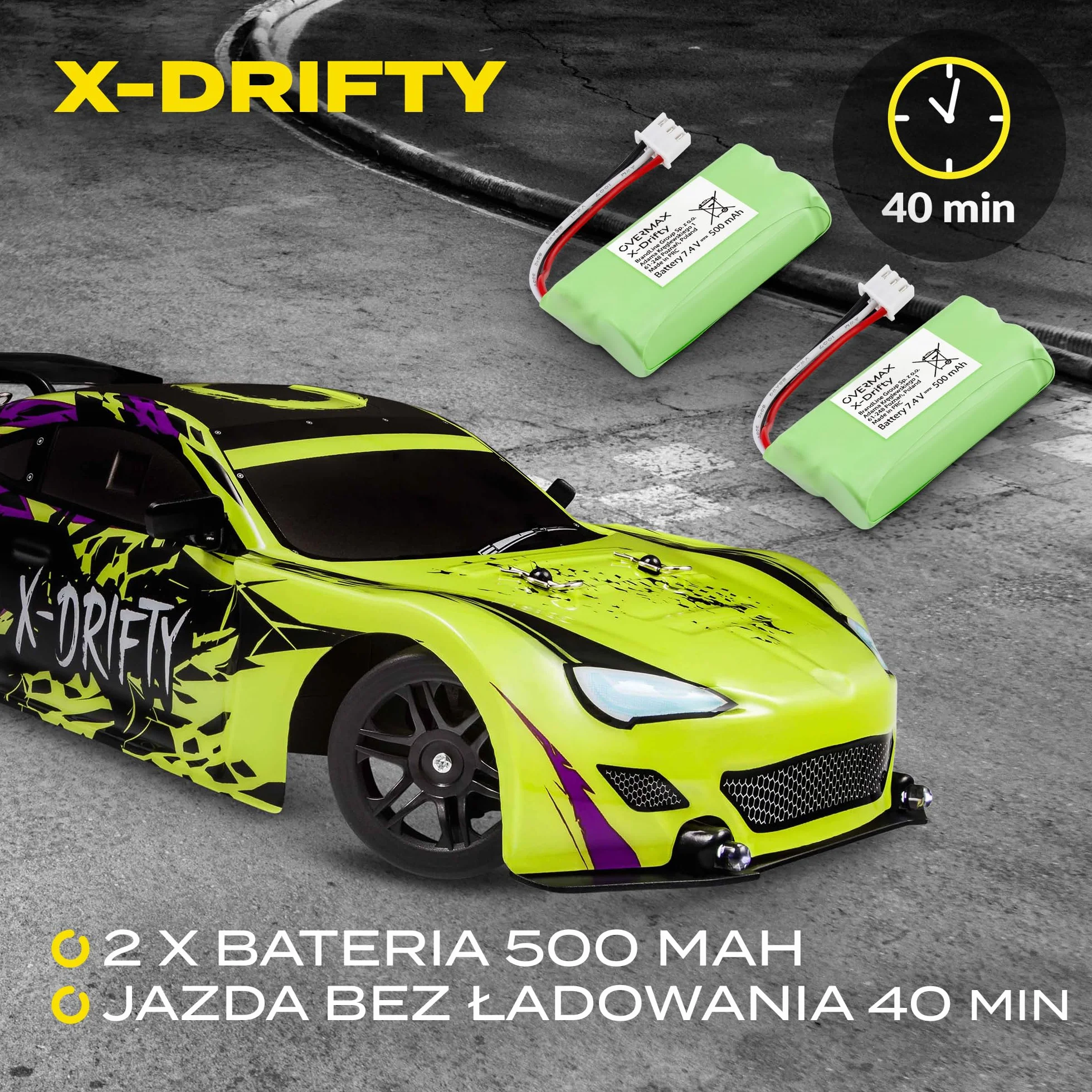 OVERMAX X-Drifty Zdalnie Sterowany Samochód RC dla Dzieci 3+, Auto do Driftu 1:16, 20 km/h, Zasięg do 80 m, napęd 4WD, 2 Baterie 500 mAh Zestaw Kół, Zestaw Przeszkód Naklejki