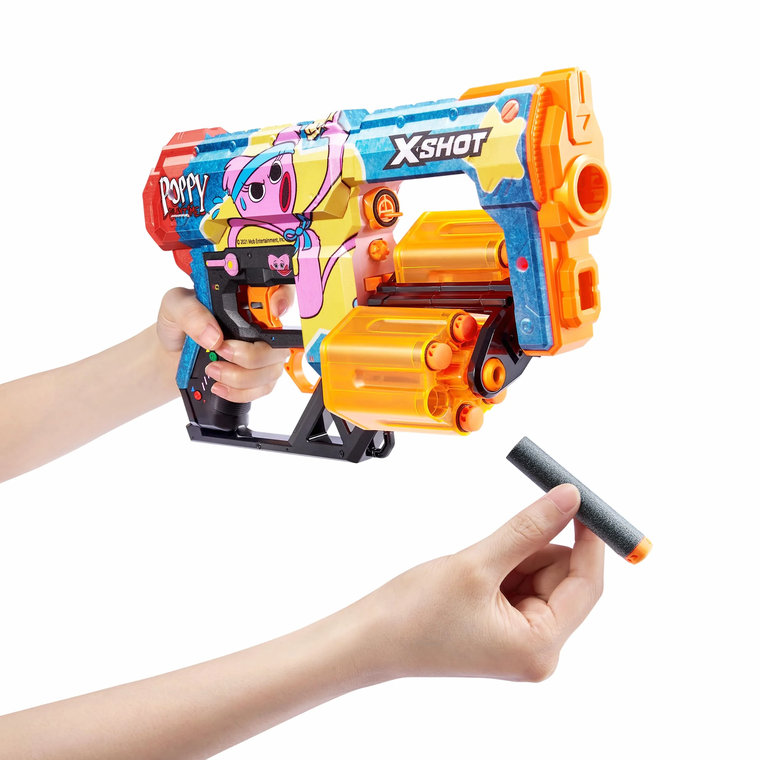 X-Shot Skins Dread Blaster - Poppy Playtime (Kissy) marki ZURU z 12 rzutkami, podwójna obrotowa beczka, technologia rzutek powietrznych, zabawka do piany dla dzieci, nastolatków i młodzieży