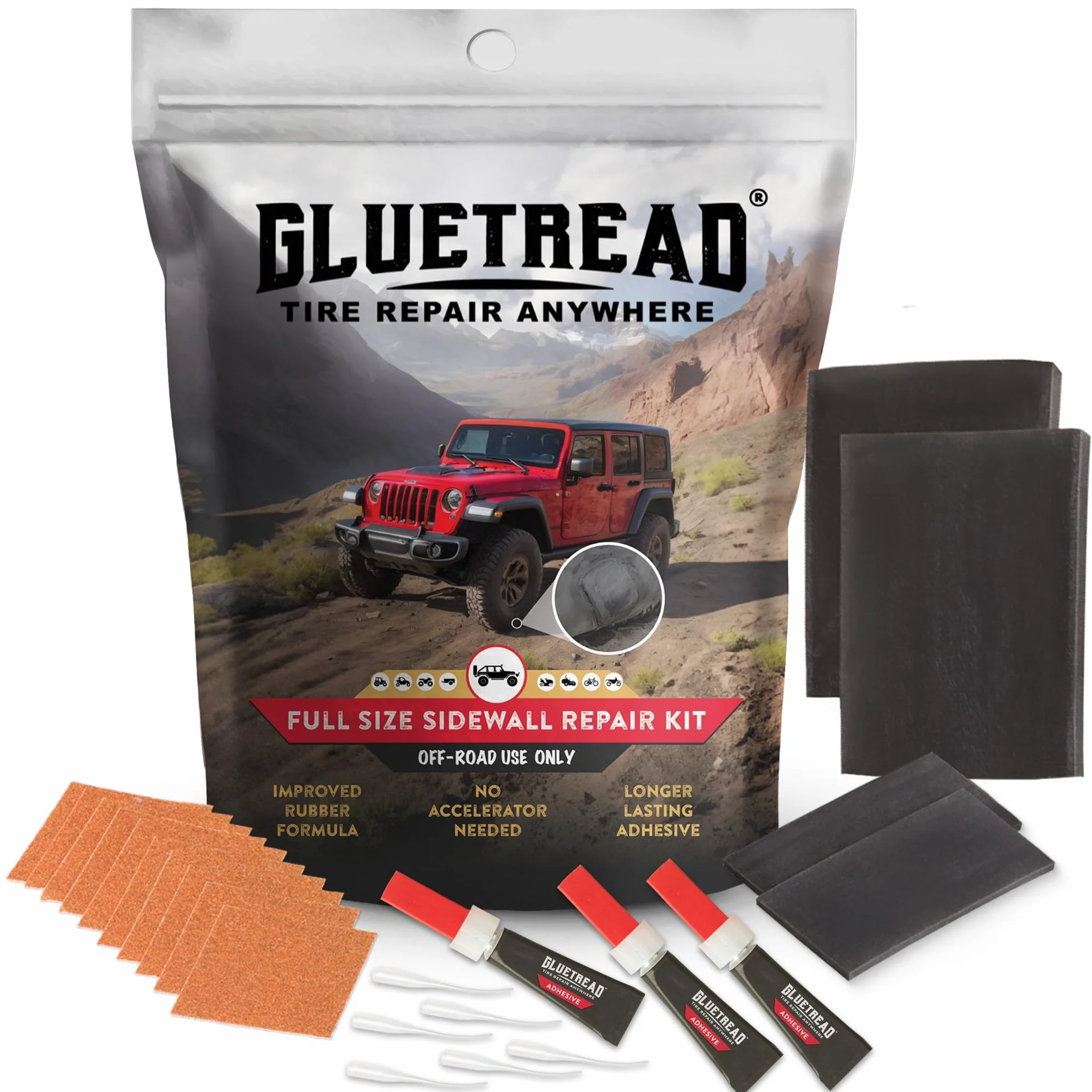 GlueTread 4 x 4 zestaw do naprawy opon bocznych, pełnowymiarowy, zestaw naprawczy do opon bocznych do pojazdów terenowych, ulepszona formuła gumowa, nie wymaga przyspieszenia, czas utwardzania 10