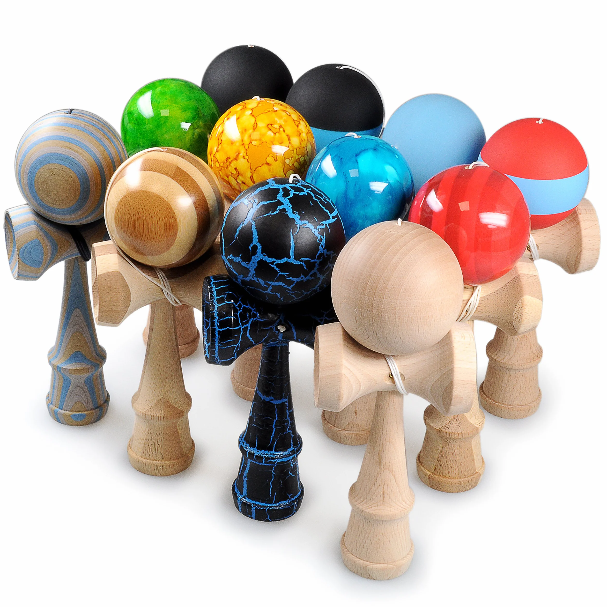 Ganzoo Kendama drewniana bukowa, tradycyjna japońska gra do balansowania i zręczności, uchwyt ergonomiczny, 3 talerze, kula 6 cm na sznurku nylonowym, szer. 6,8 cm, czarny + drewno