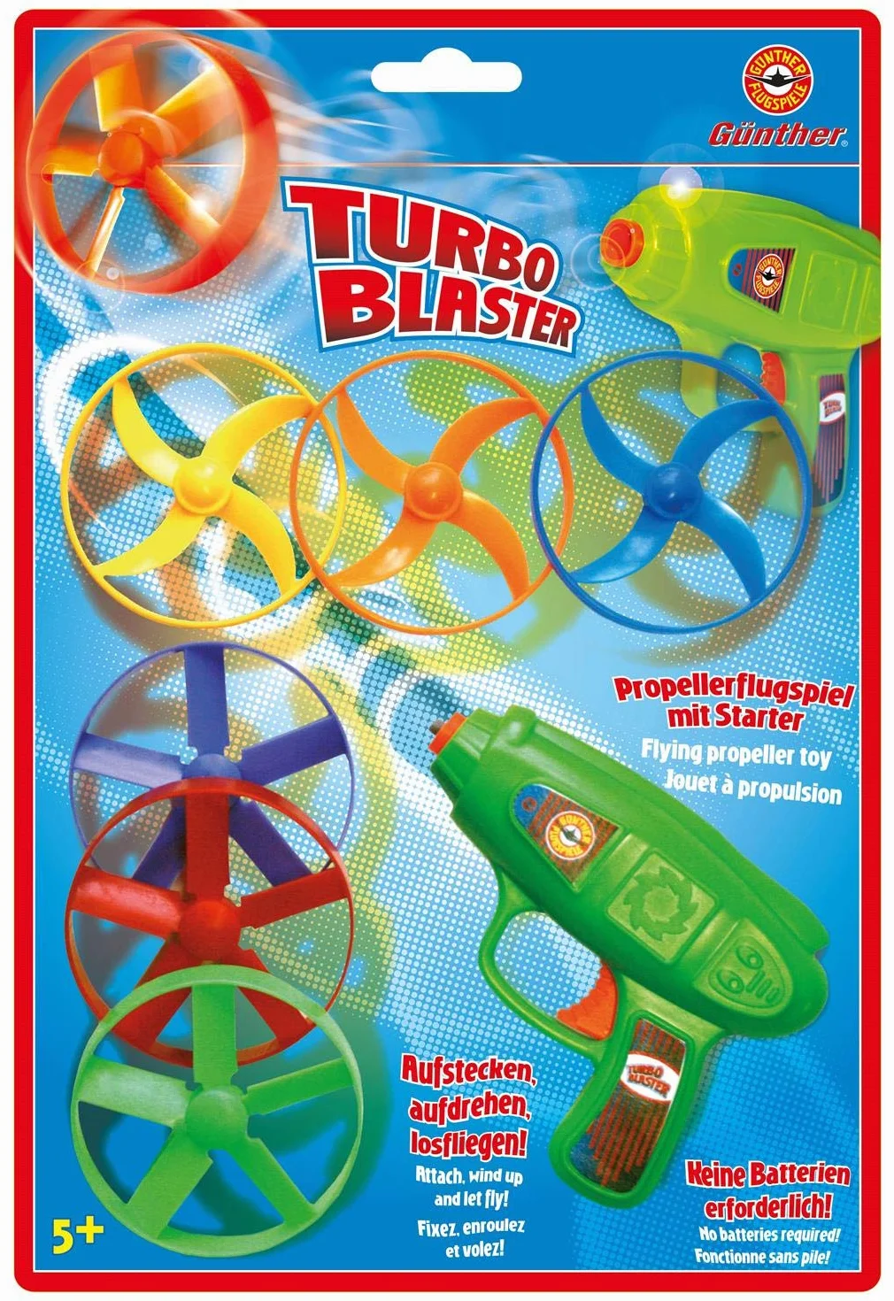 GÜNTHER FLUGSPIELE 1685 - Gra śmigłowa Turboblaster, zestaw do gry w latanie dla dzieci od 5 lat, z pistoletem startowym i 6 wirnikami, odpowiednia zabawa dla dzieci i dorosłych