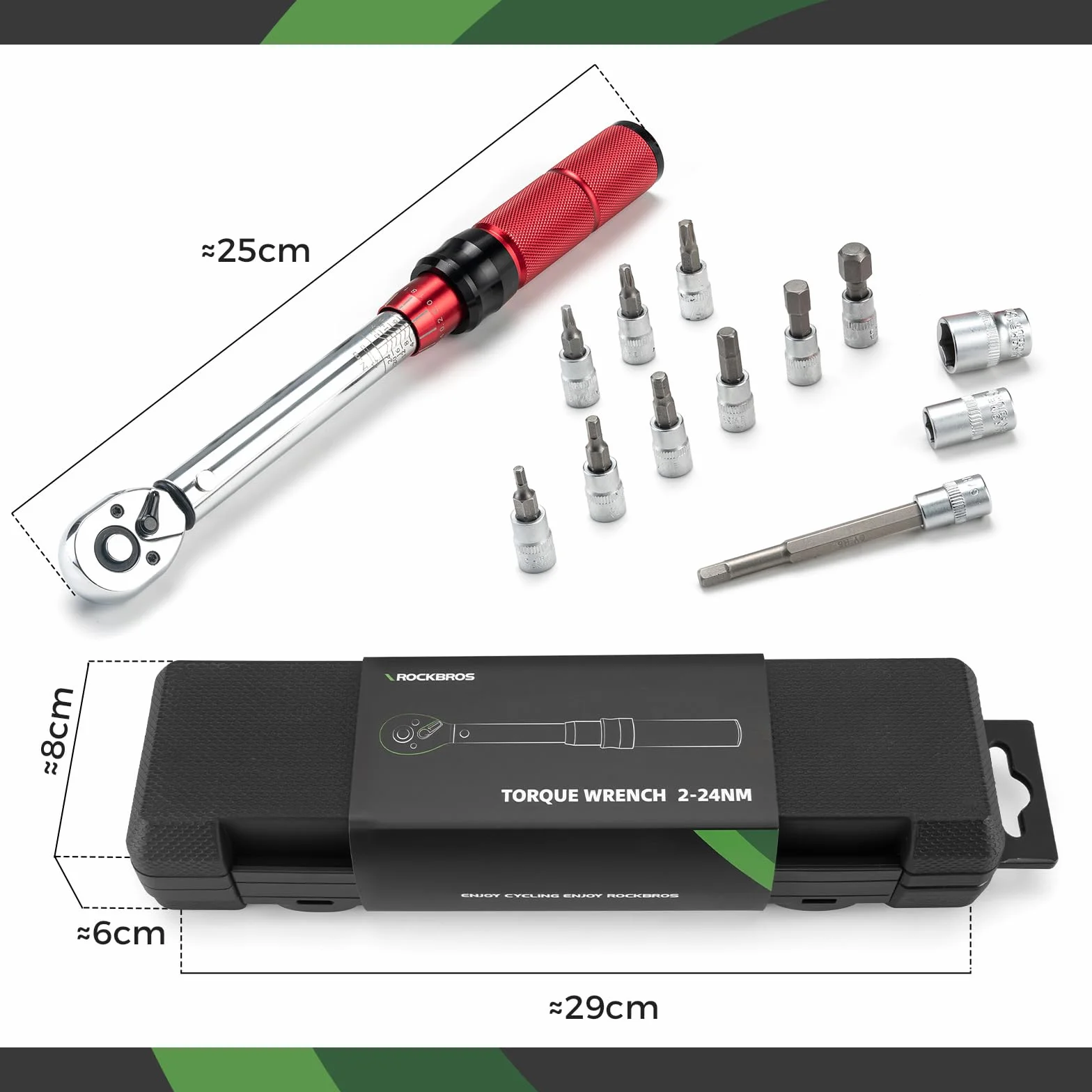 ROCKBROS Zestaw kluczy dynamometrycznych 2-24 Nm, 1/10,2 cm, podwójny kierunek, grzechotka 72-zębowa, 12 bitów i przedłużenie H5
