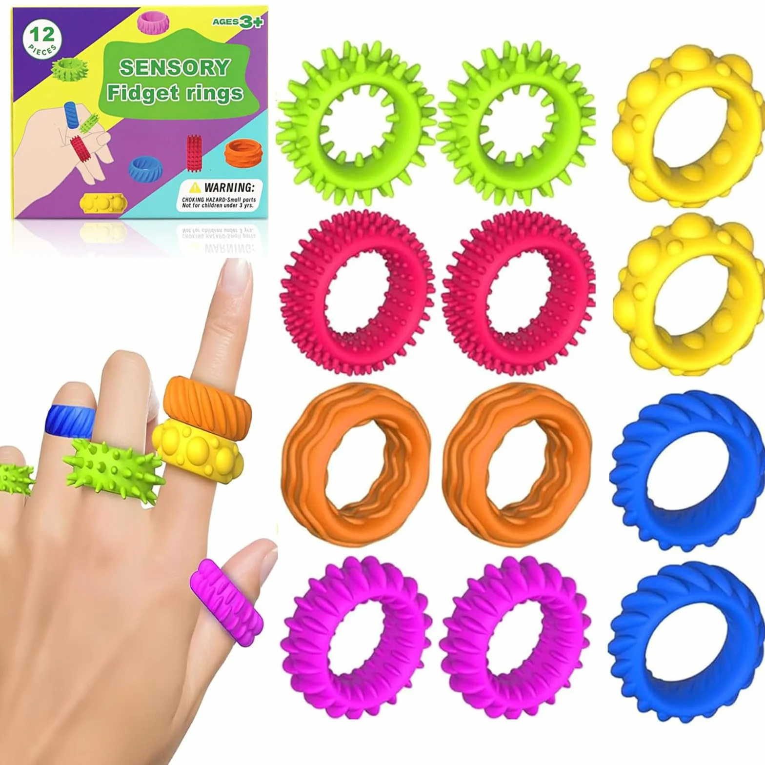 Fidget Ring Toys zabawki dla dzieci i dorosłych, 12 sztuk, zabawki antystresowe, autyzm, zabawki antystresowe, anxiety ADHD, kojące w przypadku stresu i lęku