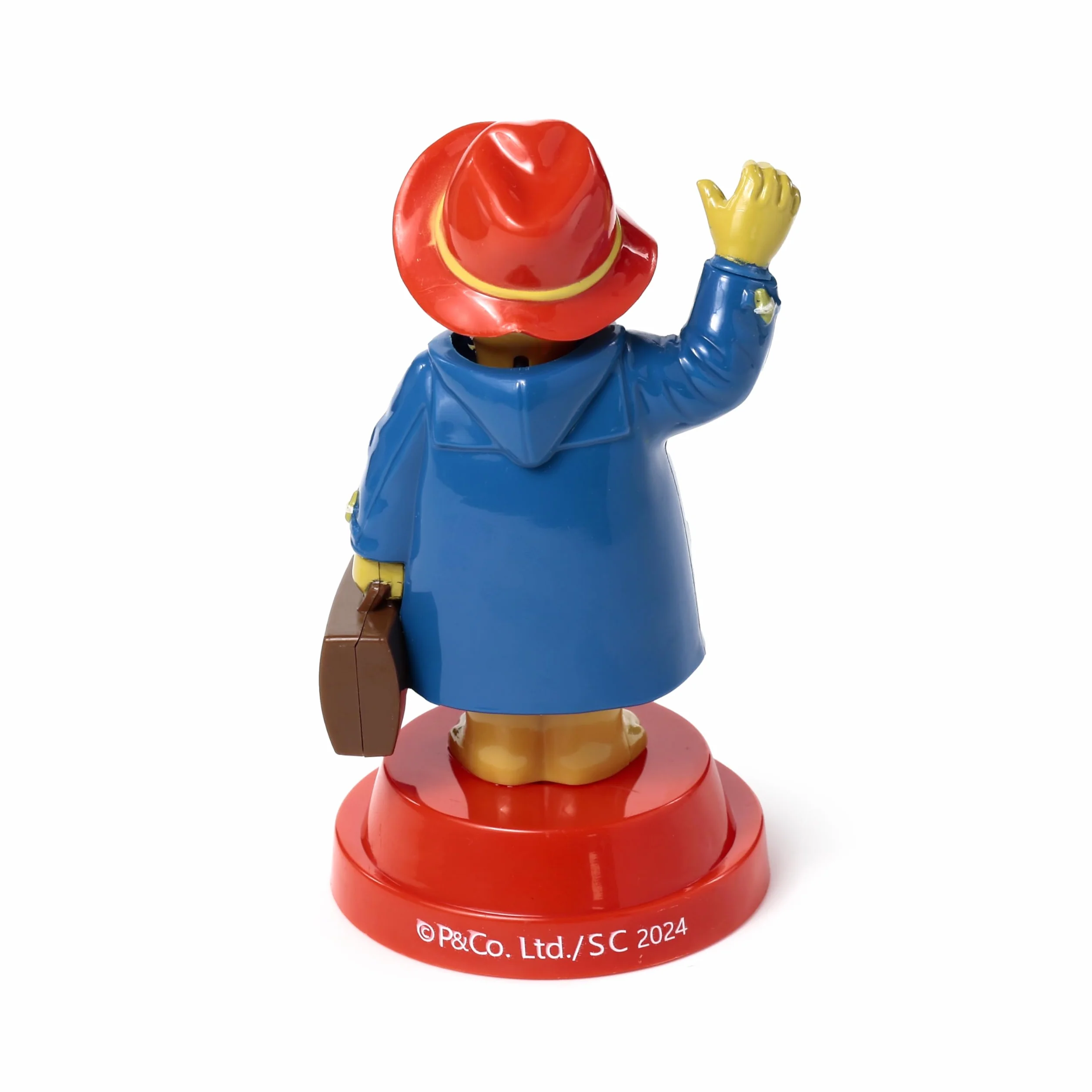 Paddington nied?wied? solarna figurka ko?ysz?ca si?, niebieski p?aszcz, czerwona podstawa