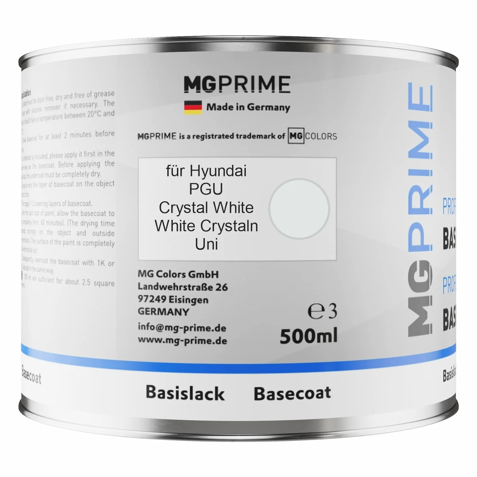 MG PRIME Lakier samochodowy bazowy Hyundai PGU Crystal White/Century White 0,5 litra 500ml