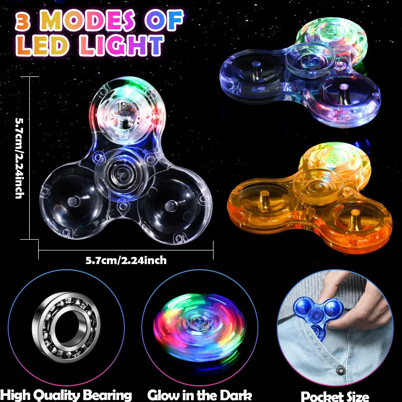 SCIONE 6 SZT. Mini Kryształowy LED Fidget Spinner dla Dzieci 3-8 lat, 2,24-calowa Świecąca Zabawka Antystresowa dla Maluchów, Gadżet na Imprezy Świecący w Ciemności dla Dzieci i Dorosłych