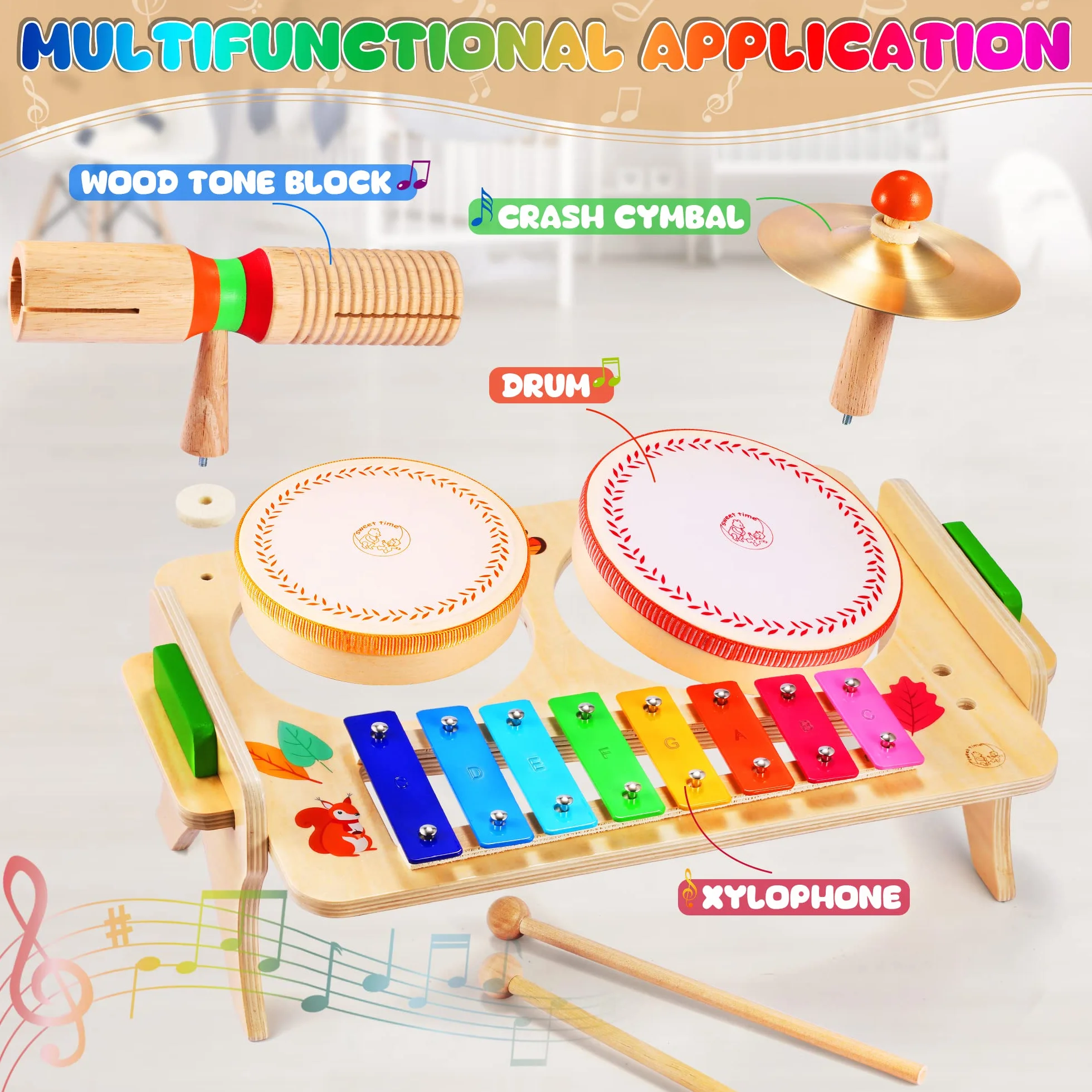 Sweet Time Bęben dla Niemowląt - Instrument Muzyczny, Zestaw Perkusyjny dla Dzieci, Drewniany Stół Muzyczny, Zabawki Montessori dla Chłopców i Dziewcząt