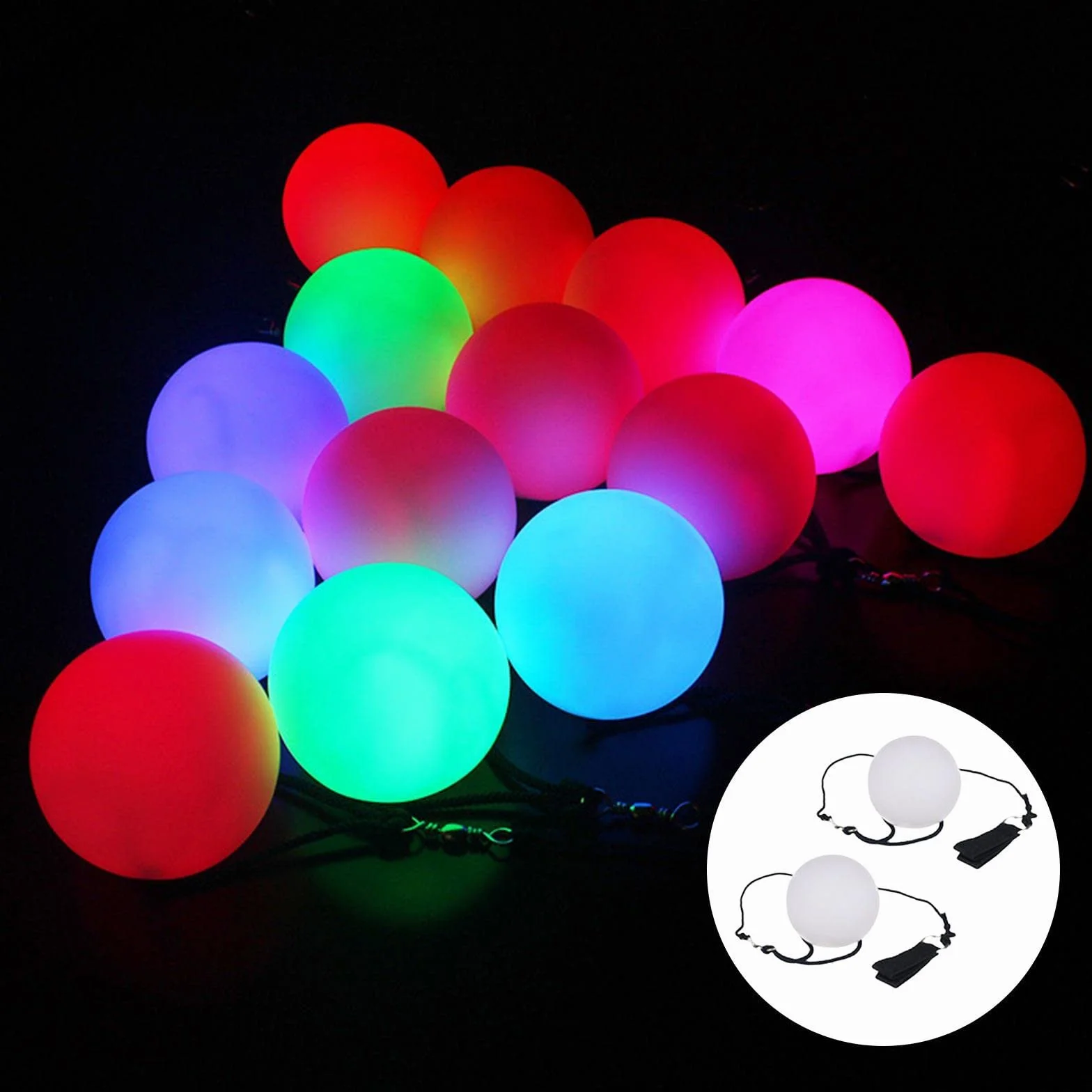 Piłki LED Poi: 2 sztuki kul LED Glow Poi z tęczowymi kolorami i efektem stroboskopowym, piłki do żonglowania z regulowanymi podwójnymi szlufkami, dla początkujących i profesjonalistów