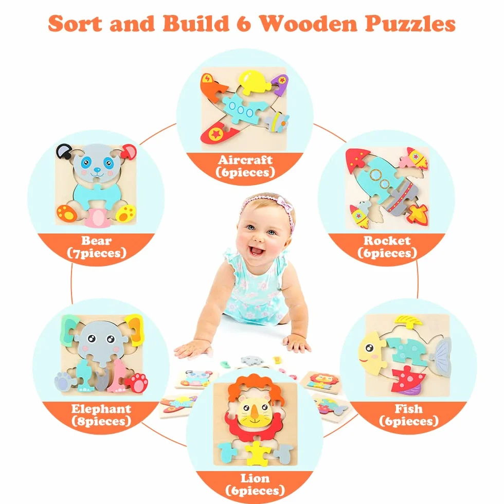HOTUT Drewniane puzzle, 6 sztuk 3D puzzle ze zwierzętami, zabawki dla niemowląt, zestaw puzzli z numerami kształtu, drewniane puzzle dla malucha, prezent, zabawka edukacyjna, dla dzieci w wieku 1-3