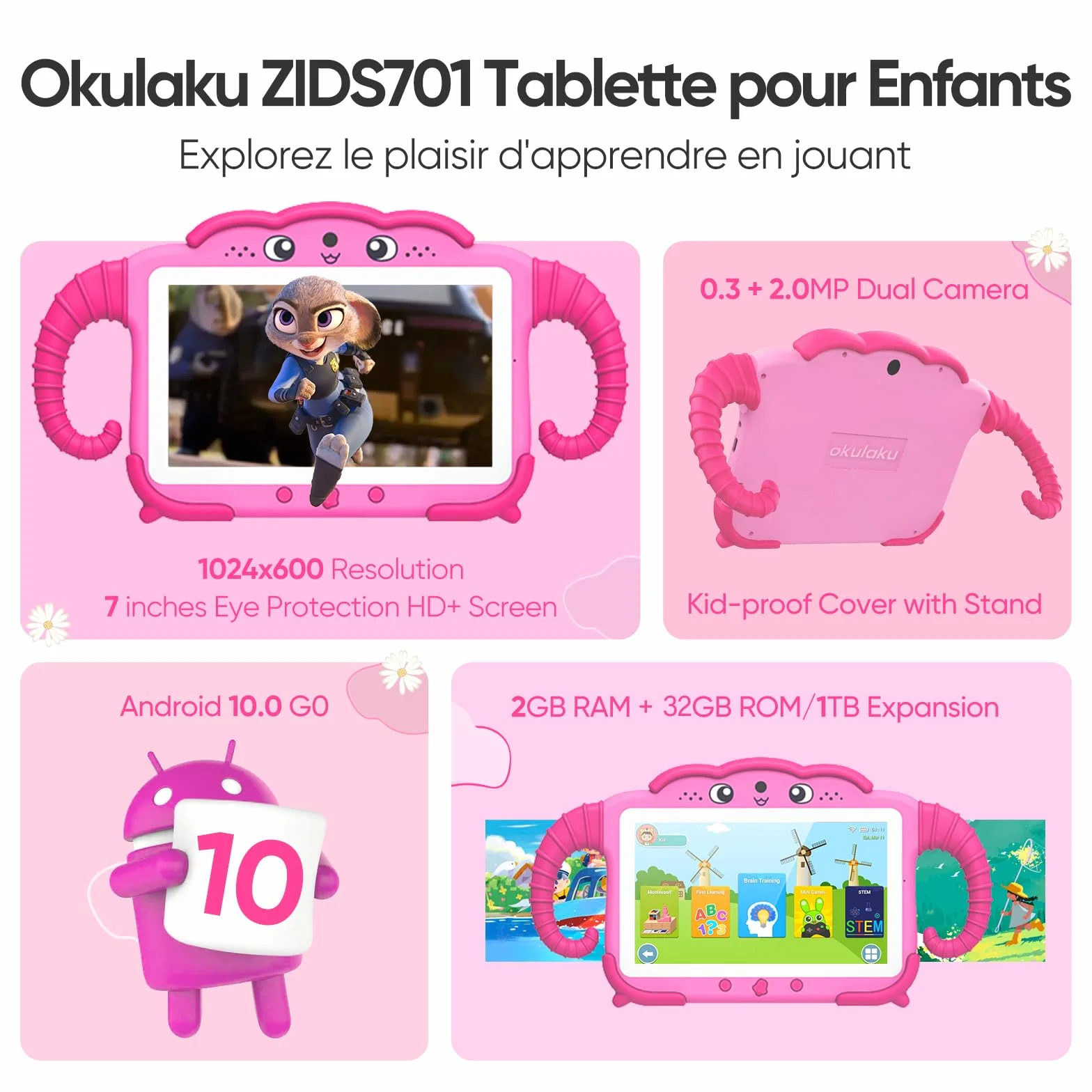 Tablet dziecięcy 7 cali, tablet dla dzieci 2 GB + 64 GB Quad Core, tablet dla dzieci z zabezpieczeniem przed dziećmi, fabrycznie zainstalowane oprogramowanie dla dzieci, podwójny aparat dla
