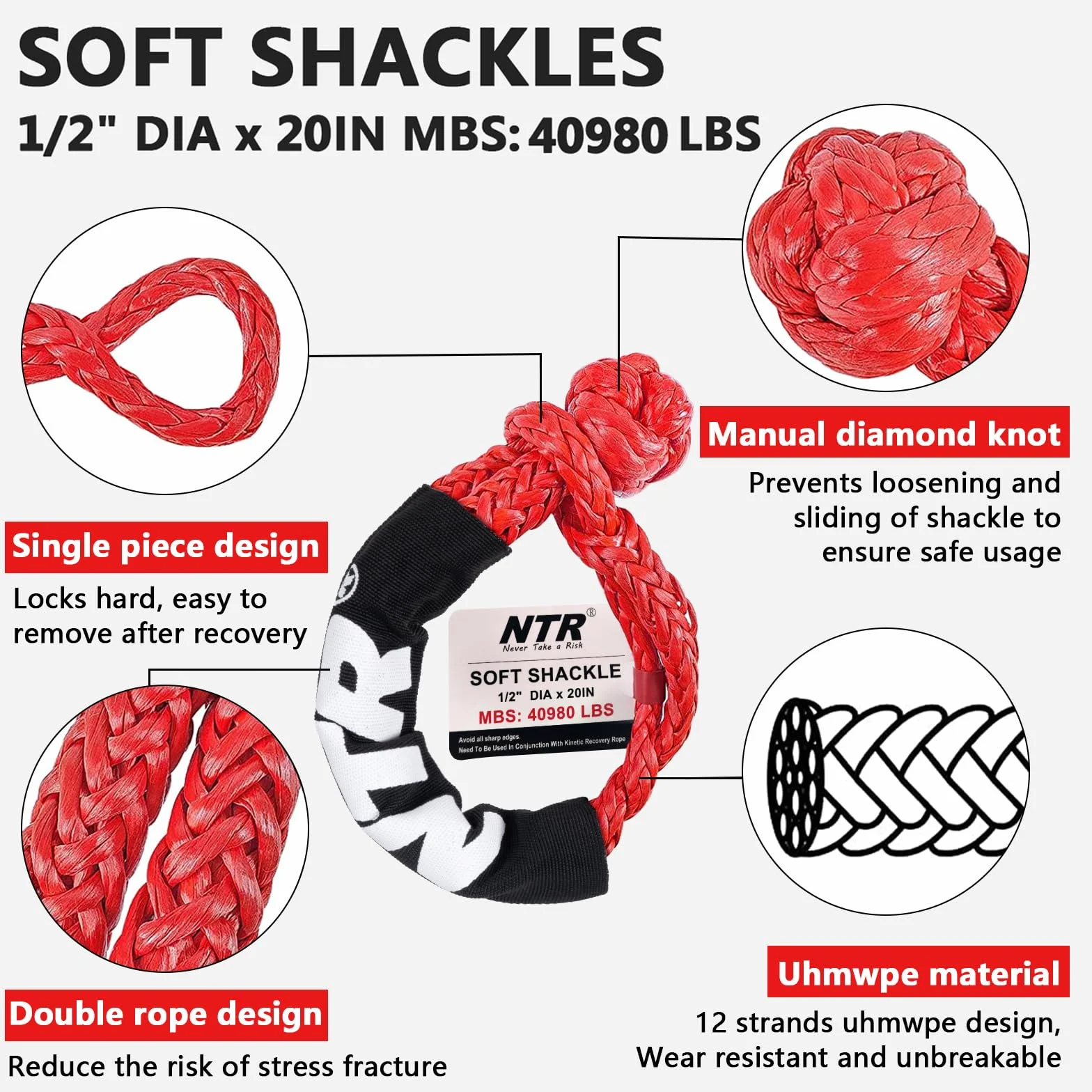 1-1/8" x 30' Kinetic Recovery Tow Rope 37,480lbs with 2 UHMWPE Soft Shackles 40,980lbs Heavy-Duty Offroad Snatch Strap Vehicle Recovery Kit