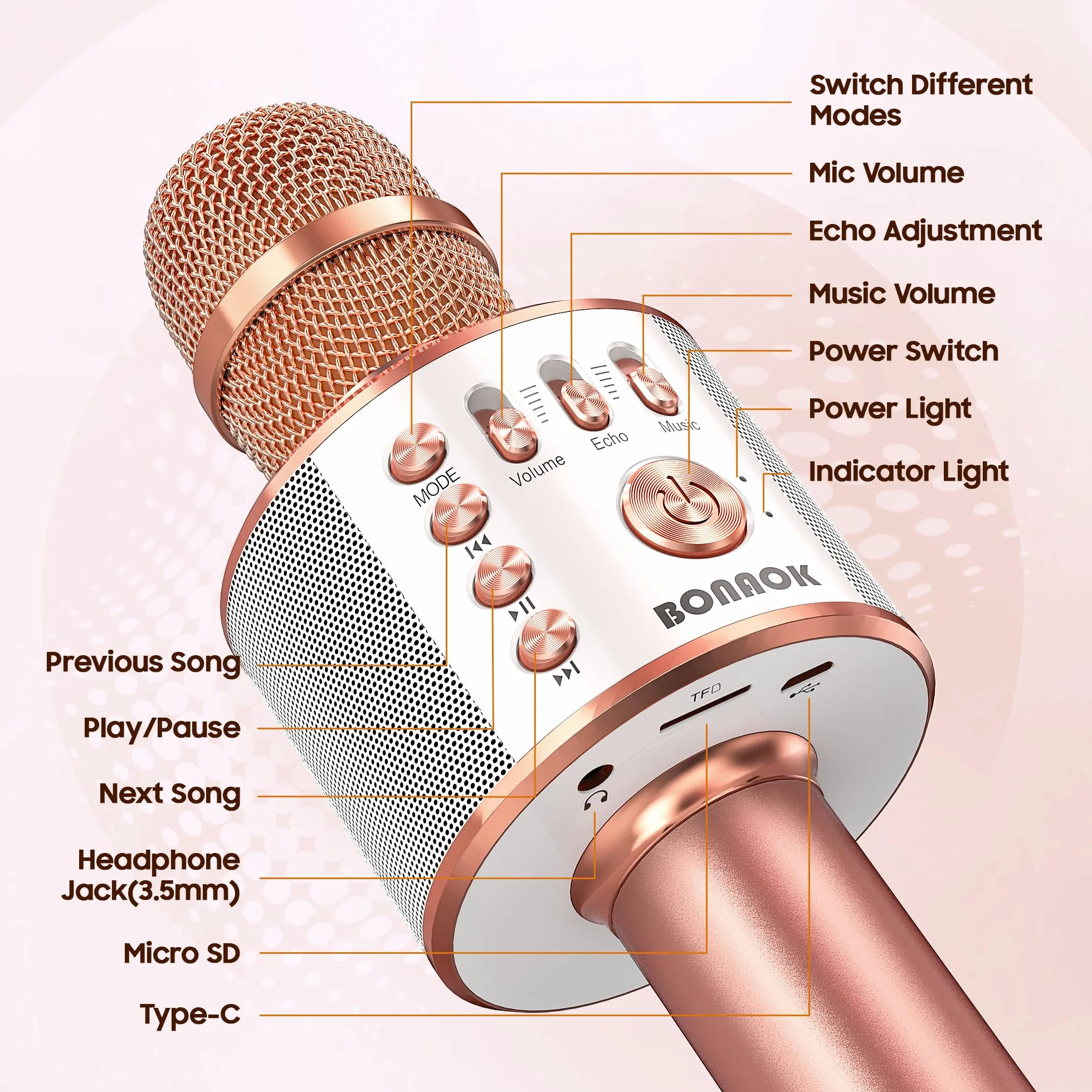 Bluetooth Karaoke Mikrofon Kinder, BONAOK Drahtlose Dynamisches Mikrofon mit Lautsprecher, Familie Party Podcast Auto Bluetooth Mikrofon Kabellos, Kompatibel mit Android/IOS(Rose Gold)