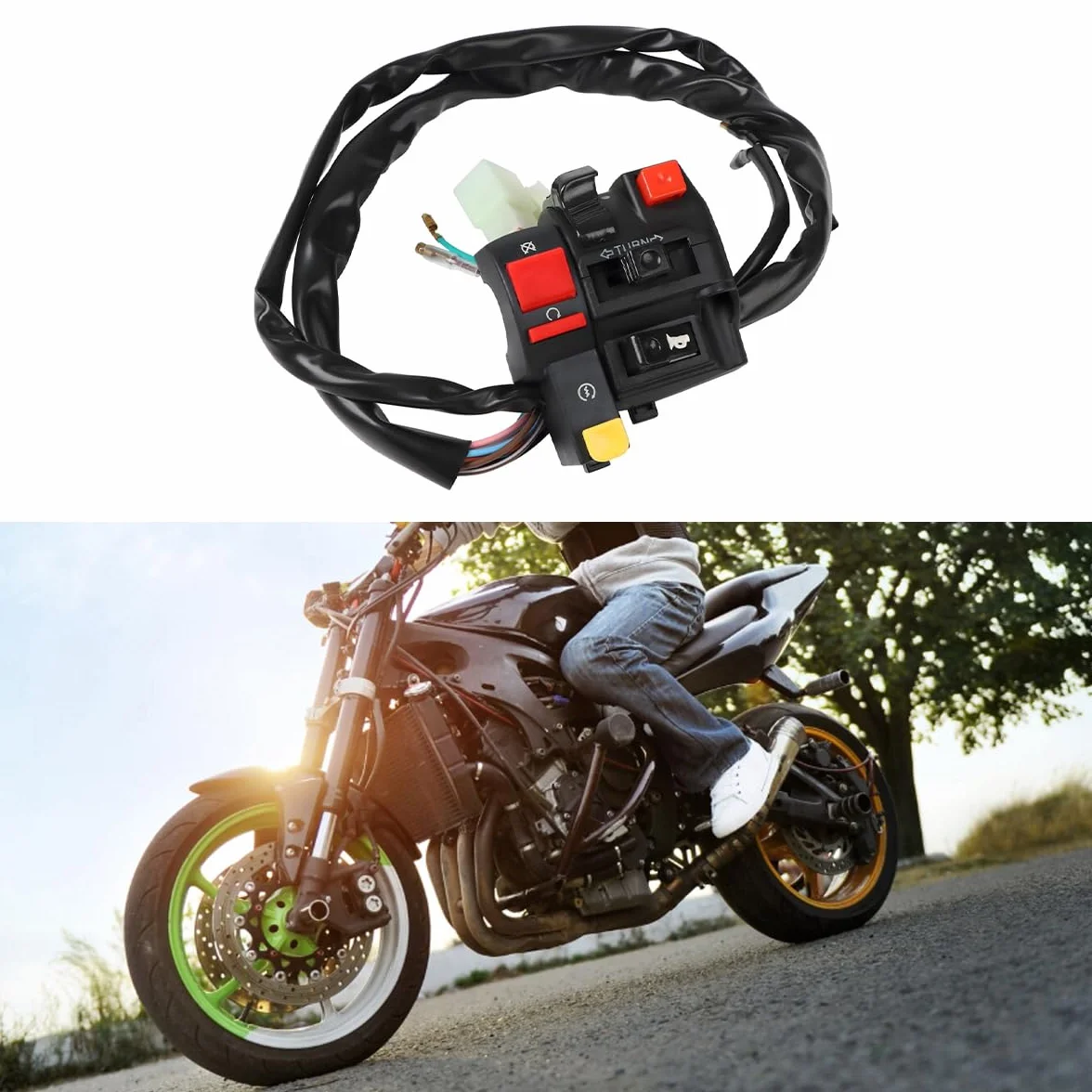 Ubric Przełącznik kierownicy motocykla ATV do przycisku klaksonu, kierunkowskaz silnika, włącznik światła reflektora, 5-drożny, czarny, foliowy, dźwignia zawiasowa