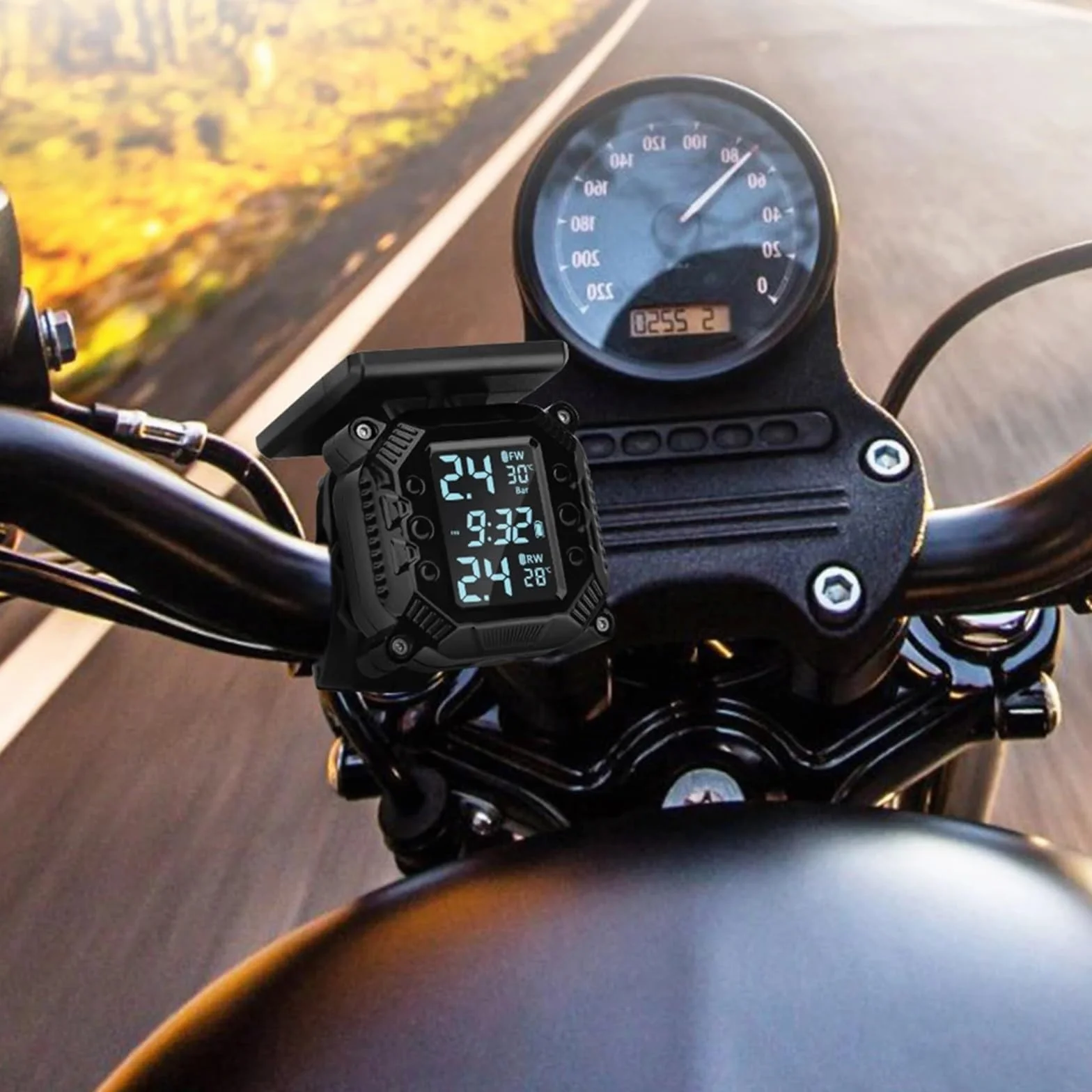 Cyfrowy miernik ciśnienia w oponach Monitor ciśnie System monitorowania ciśnienia w oponach TPMS motocykla dla motocykla, skutera i roweru TMPS z 2 czujnikami zewnętrznymi