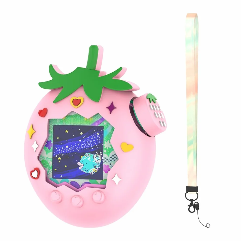 Truskawkowe etui ochronne do raju Tamagotchi, miękka silikonowa osłona TPU, truskawkowe etui z motywem kreskówkowym ze smyczą i nasadką na klawisze, odporne na zarysowania i wstrząsy
