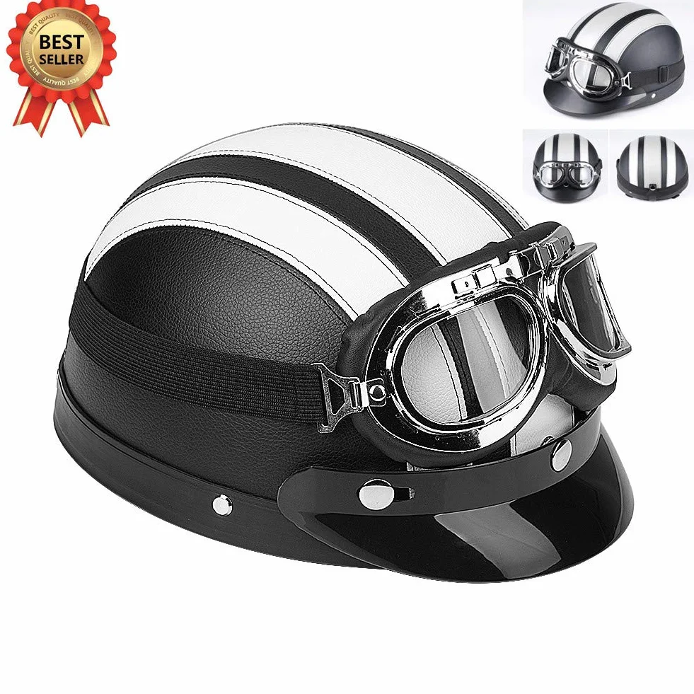 EBTOOLS Kask skuterowy, kask motocyklowy, otwarty kask, półuniwersalny kask motocyklowy, sztuczna skóra, otwarta twarz, półkask z wizjerem, okulary (biały)