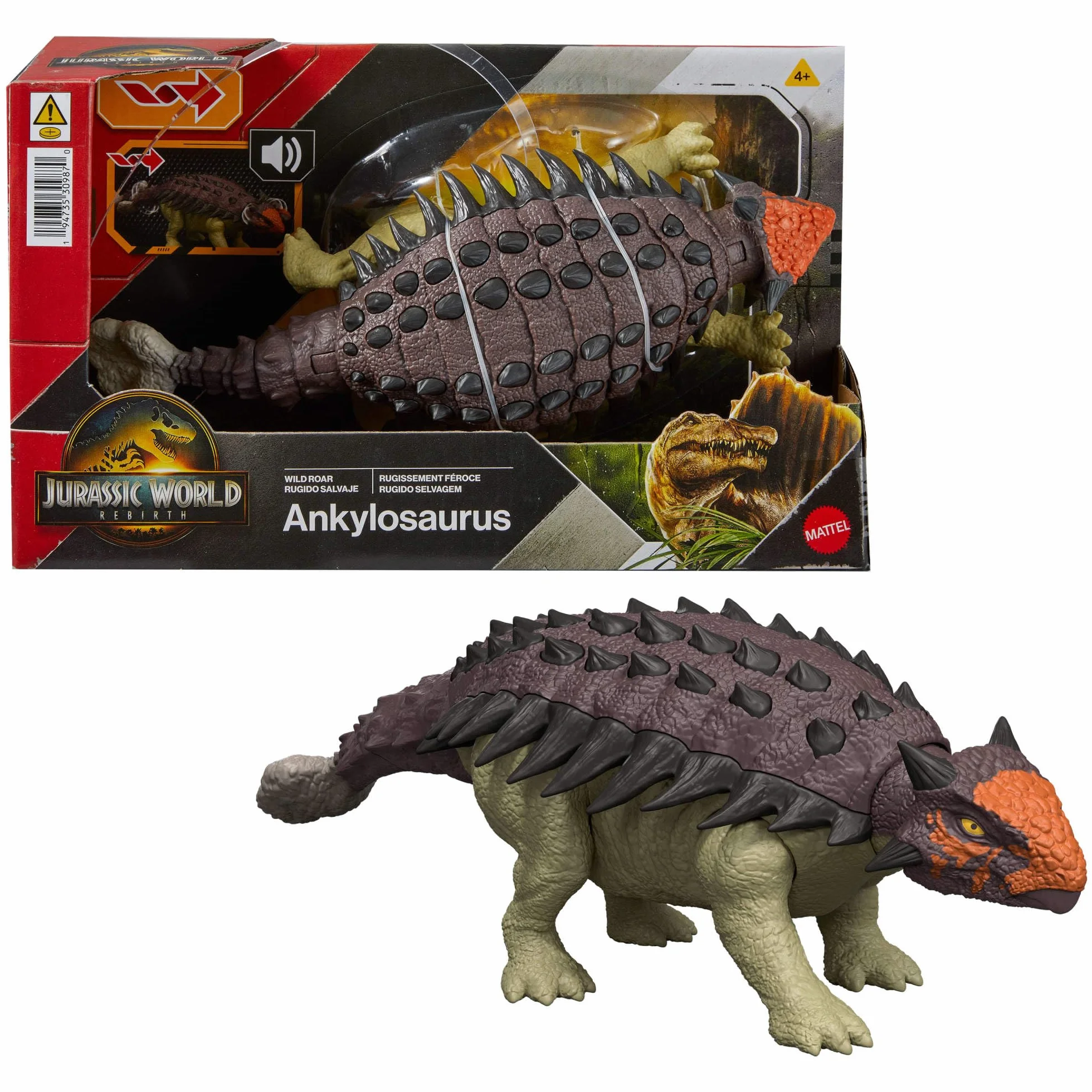 Mattel Jurassic World Rebirth Odrodzenie Ankylozaur Ryczący dinozaur Figurka dinozaura z wielokierunkowym atakiem paszczą i dźwiękiem, do ustawiania w różnych pozach, zabawka dinozaur, JGB90