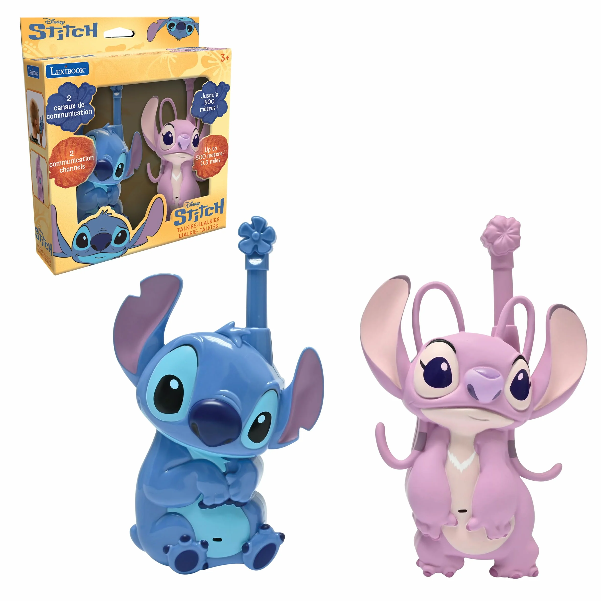 Lexibook, Disney Stitch, krótkofalówki 3D Stitch i Angel, zasięg 500 m, 2 kanały komunikacji, klips do paska, niebieskie/różowe, TW18D1