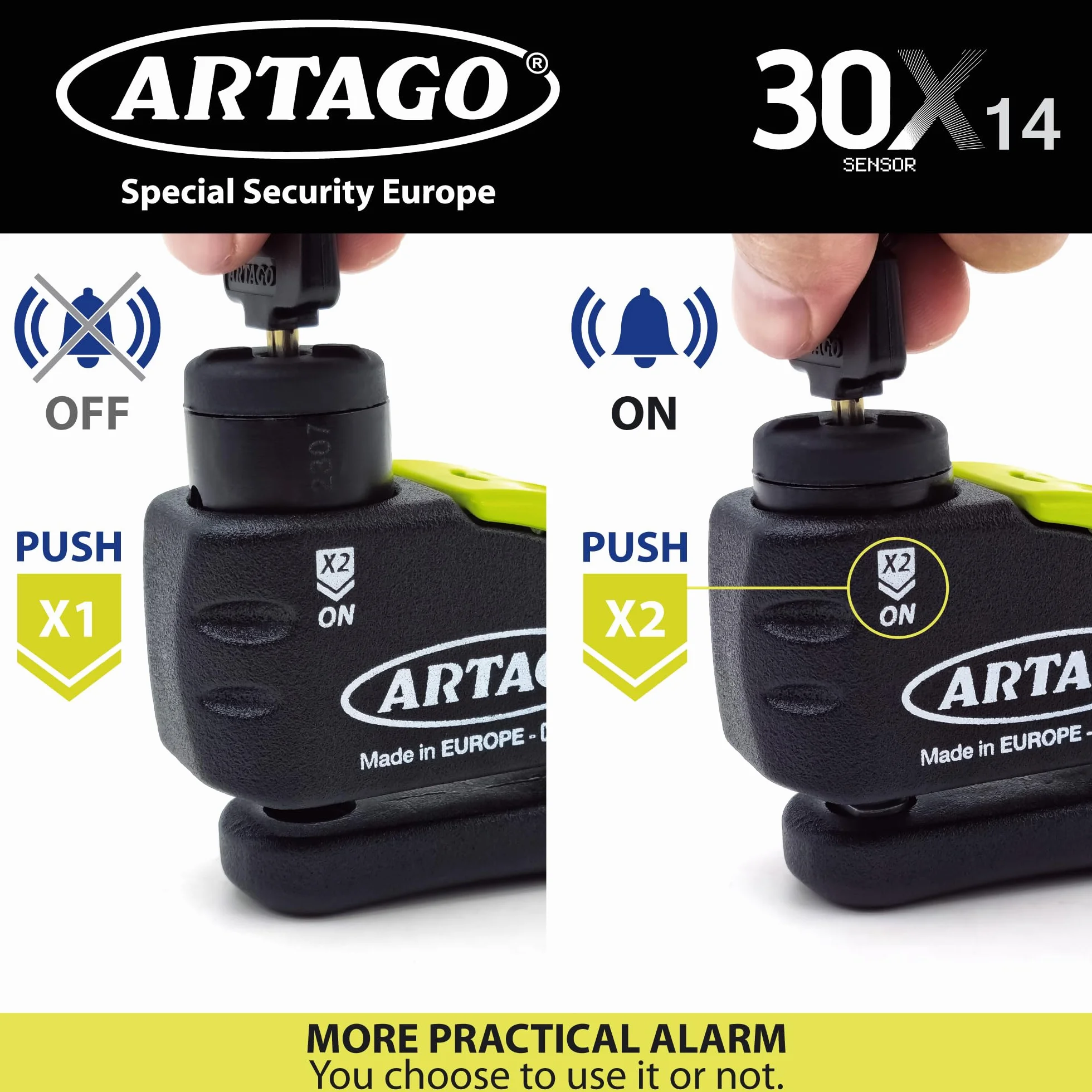 Artago 30X14 Kłódka przeciwkradzieżowa z alarmem 120 dB, podwójna blokada ø14, Secure Gold SRA
