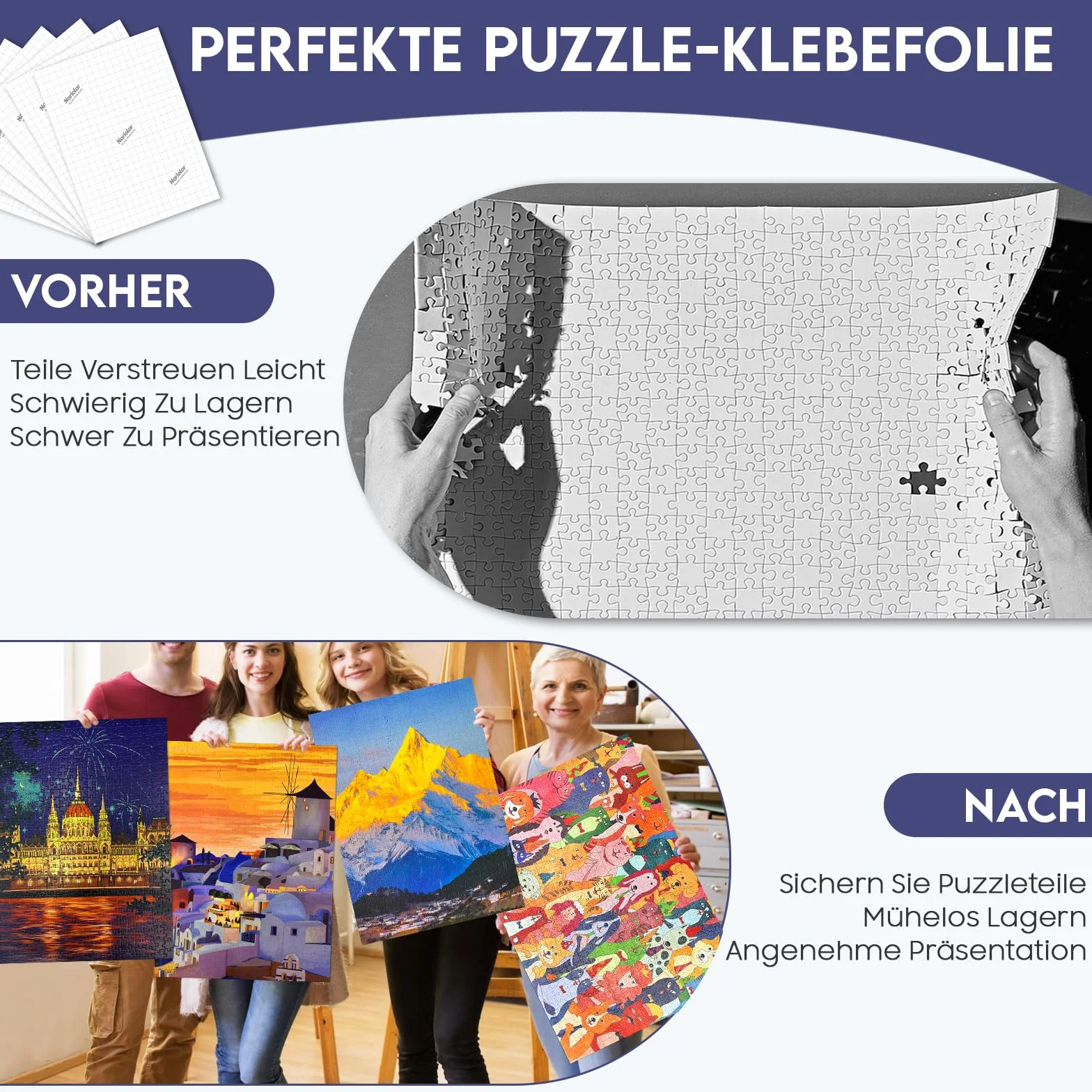 Nariolar Ultra-przyczepna folia samoprzylepna, 64 super klej do puzzli, do otrzymania 8 x 1000 elementów i do ochrony puzzli w ciągu zaledwie kilku minut