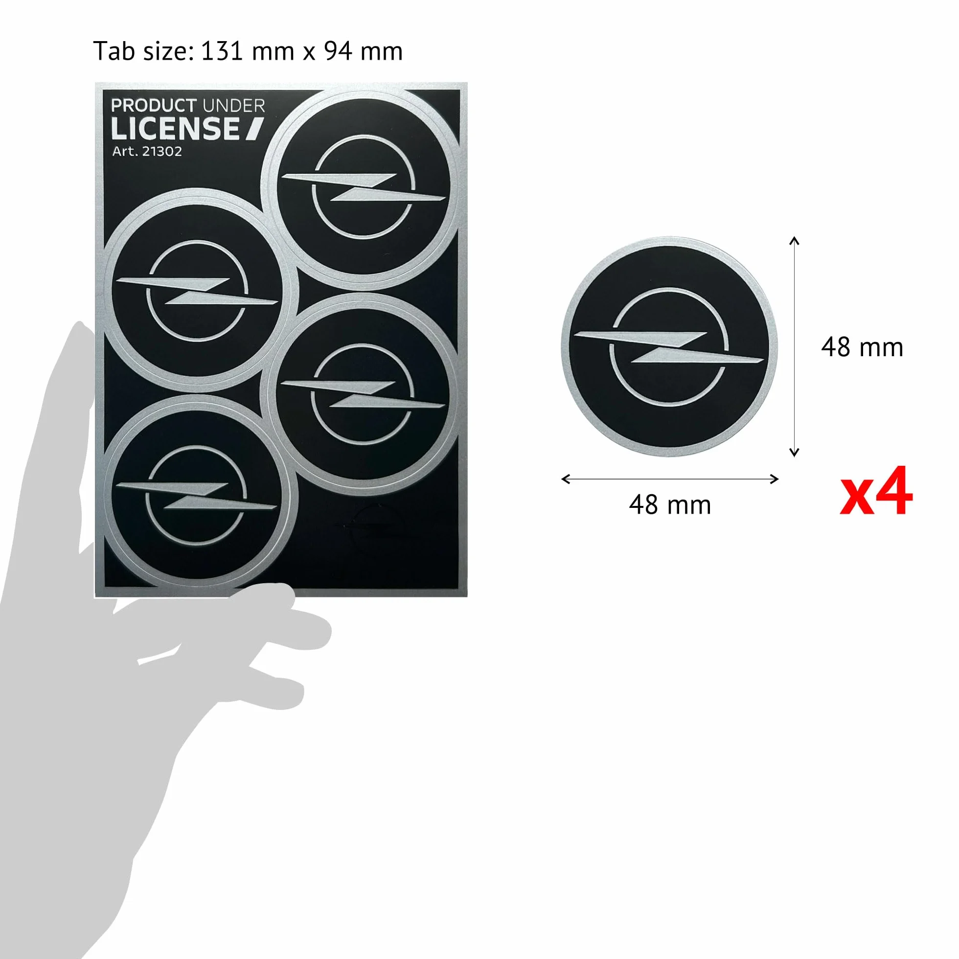 Zestaw naklejek na koła kompatybilny z Opel, średnica 4 logo 48 mm, licencjonowany produkt, 94 x 131 mm (czarny)