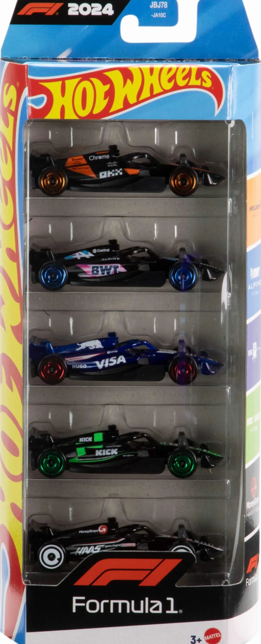 Hot Wheels Formuła 1 Drużyna wyścigowa Race Team F1 Samochody do zabawy w skali 1:64 5-pak z dekoracjami drużyn F1, bolidy – wyścigówki kolekcjonerskie, JGF58