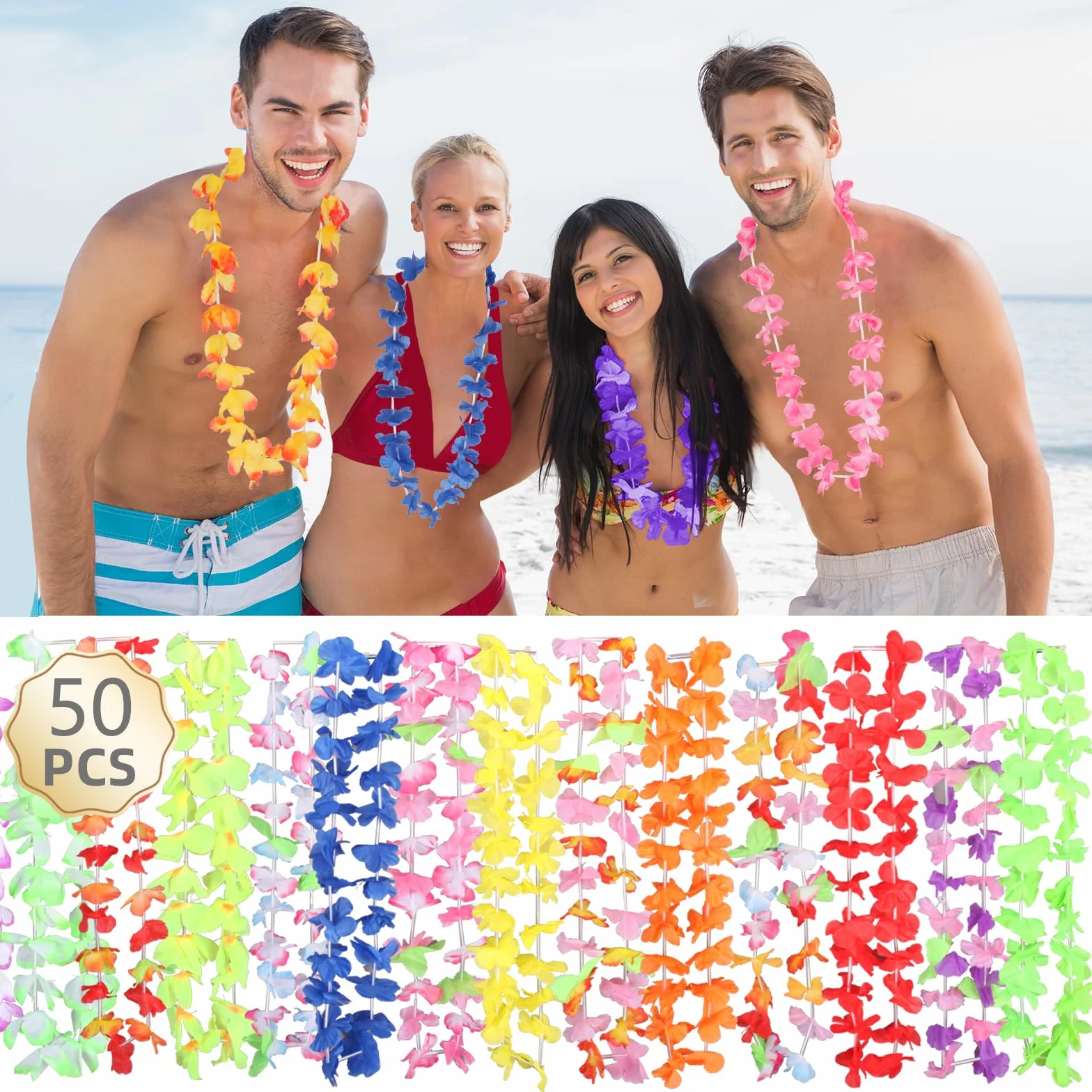 50 sztuk hawajskich dekoracji imprezowych Leis, 50 stylów, girlandy kwiatowe, luzem, naszyjnik na imprezę tropikalną, artykuły plażowe, hawajski bar nocny Luau Aloha wakacje na plaży