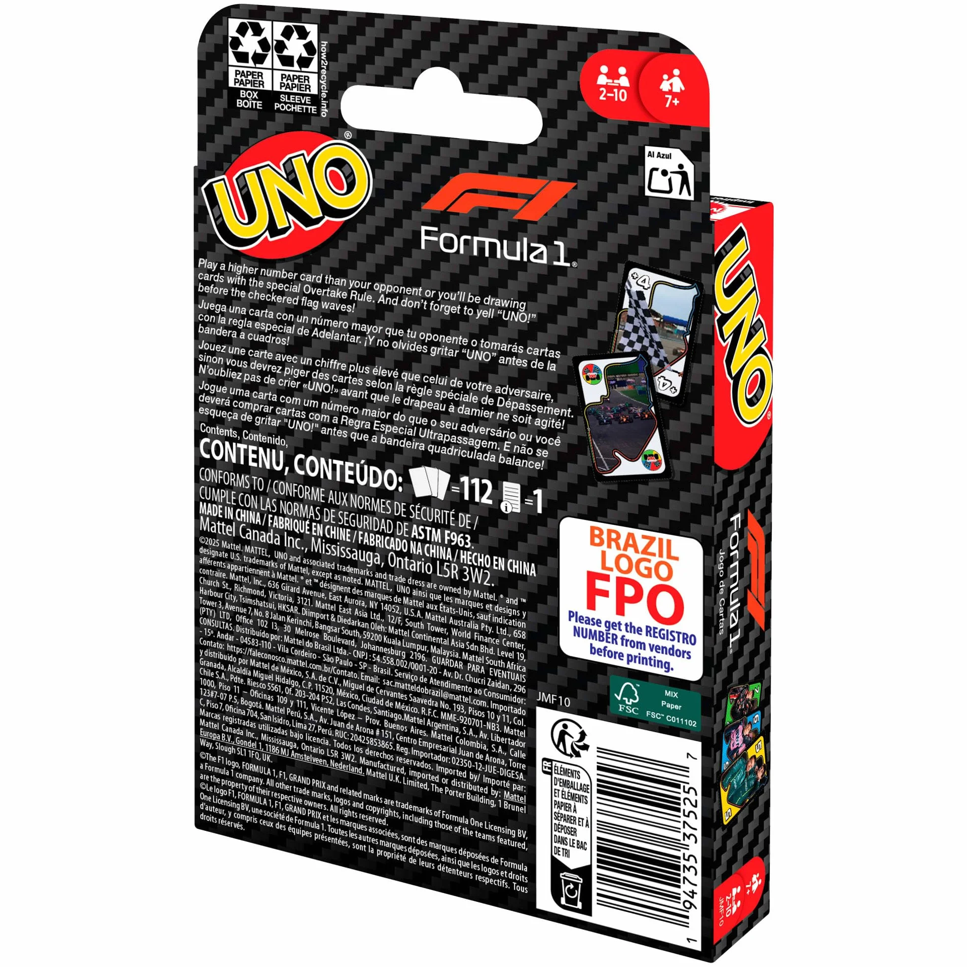 Mattel Games UNO Formuła 1 Gra karciana, karty z grafikami ze świata Formuły 1, imprezowa, rodzinna i towarzyska gra dla dzieci 7+ i fanów, JMF10