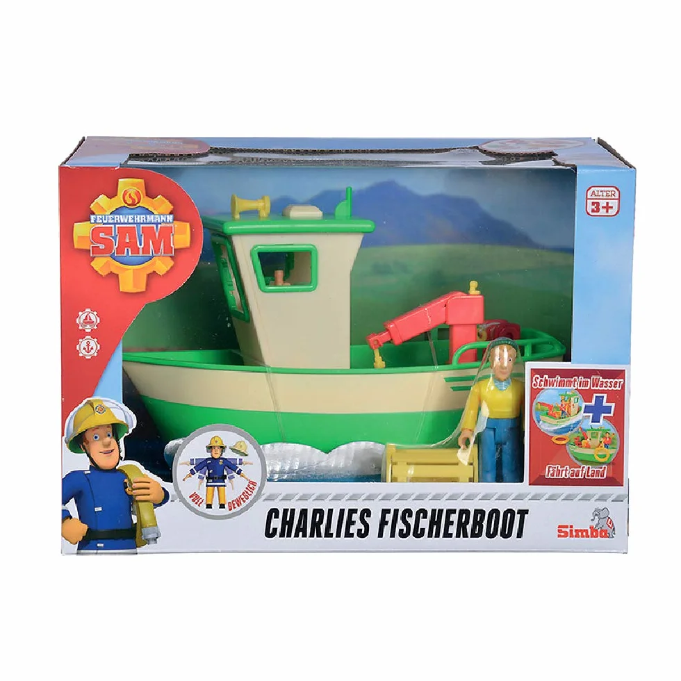 Simba 109251074038 Strażak Sam Pływająca Łódź Rybacka Charliego Z Figurką, Żuraw Ruchomy, Wciągarka Mechaniczna, Zamontowane Koła, Potrafi Jeździć, dla dzieci od 3 lat, wielkość 19 cm