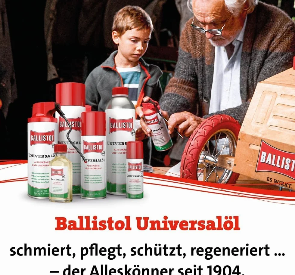 BALLISTOL 21045 Jubileuszowe pudełko drewniane limitowane 150 ml olej uniwersalny 120 ml spray 9-częściowy zestaw prezentowy vintage retro