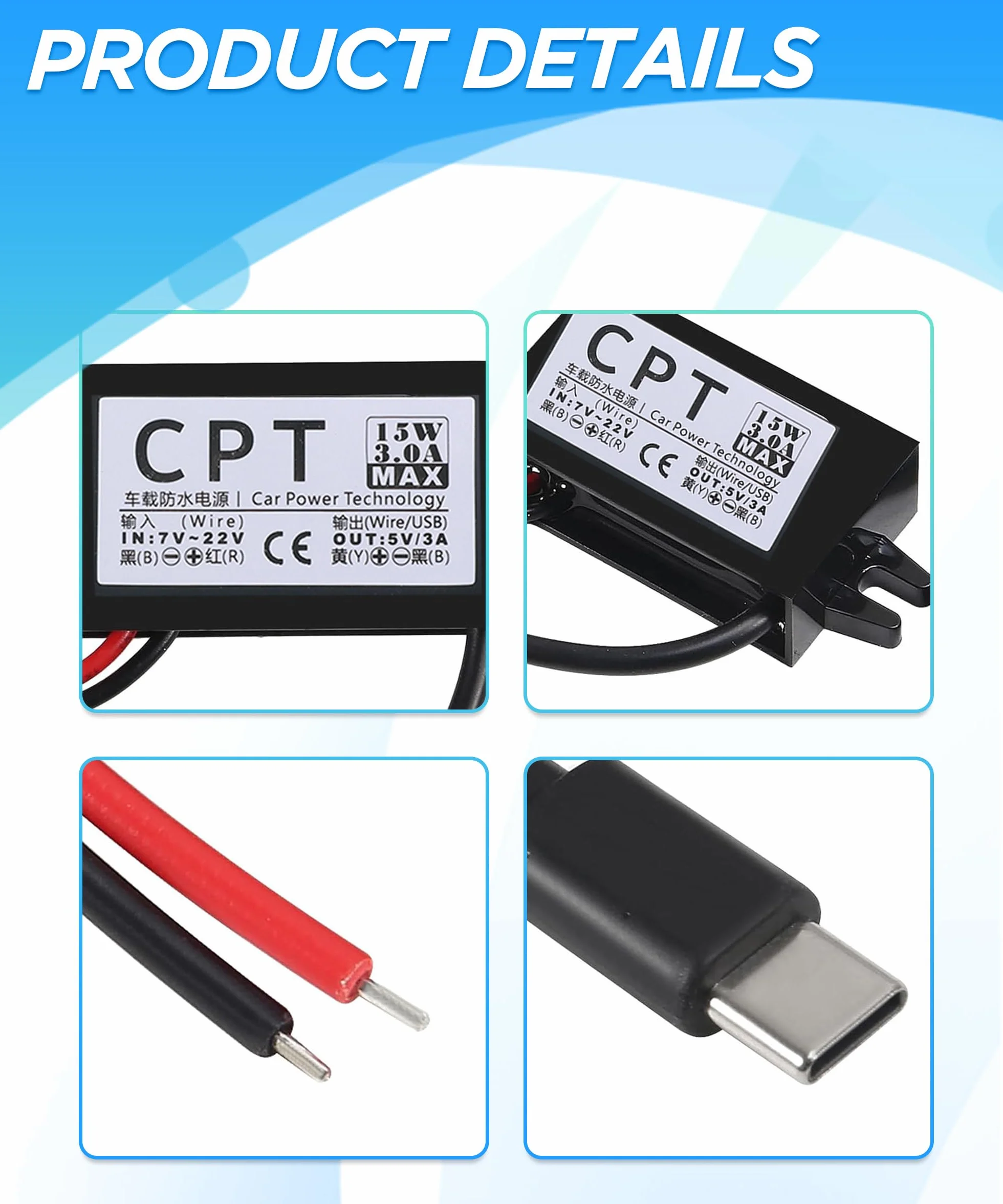 Konwerter mocy do samochodu, wodoodporny konwerter DC-DC 12 V do 5 V 3 A ze złączem adaptera typu C, regulatorem napięcia samochodowego USB, odpowiedni do pojazdów, ciężarówek, przyczep
