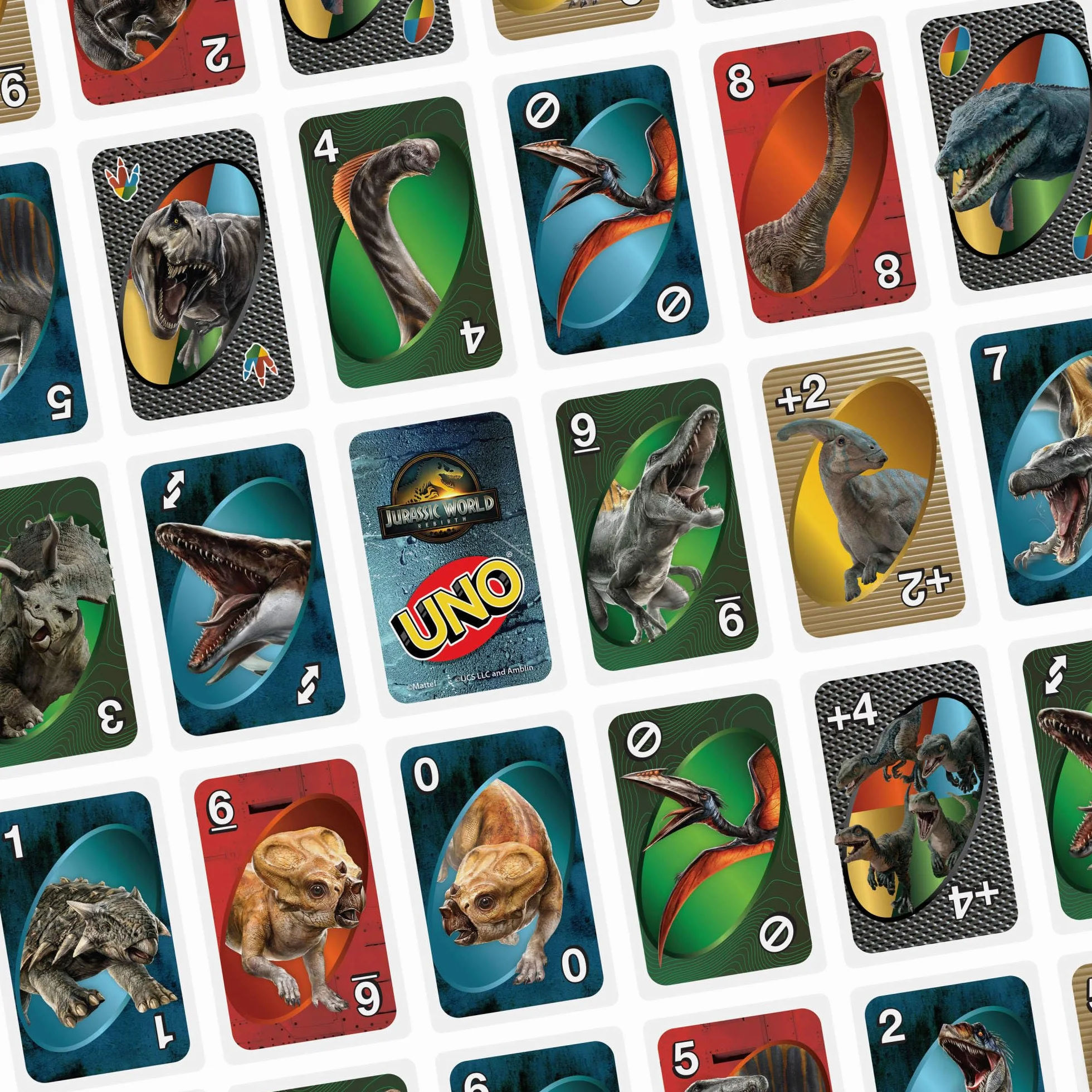 Mattel Games, Karty UNO Jurassic World Odrodzenie Gra karciana dla dzieci, rodzin i dorosłych na wieczór gier, talia z regułą specjalną i grafikami inspirowanymi filmem, JFT28