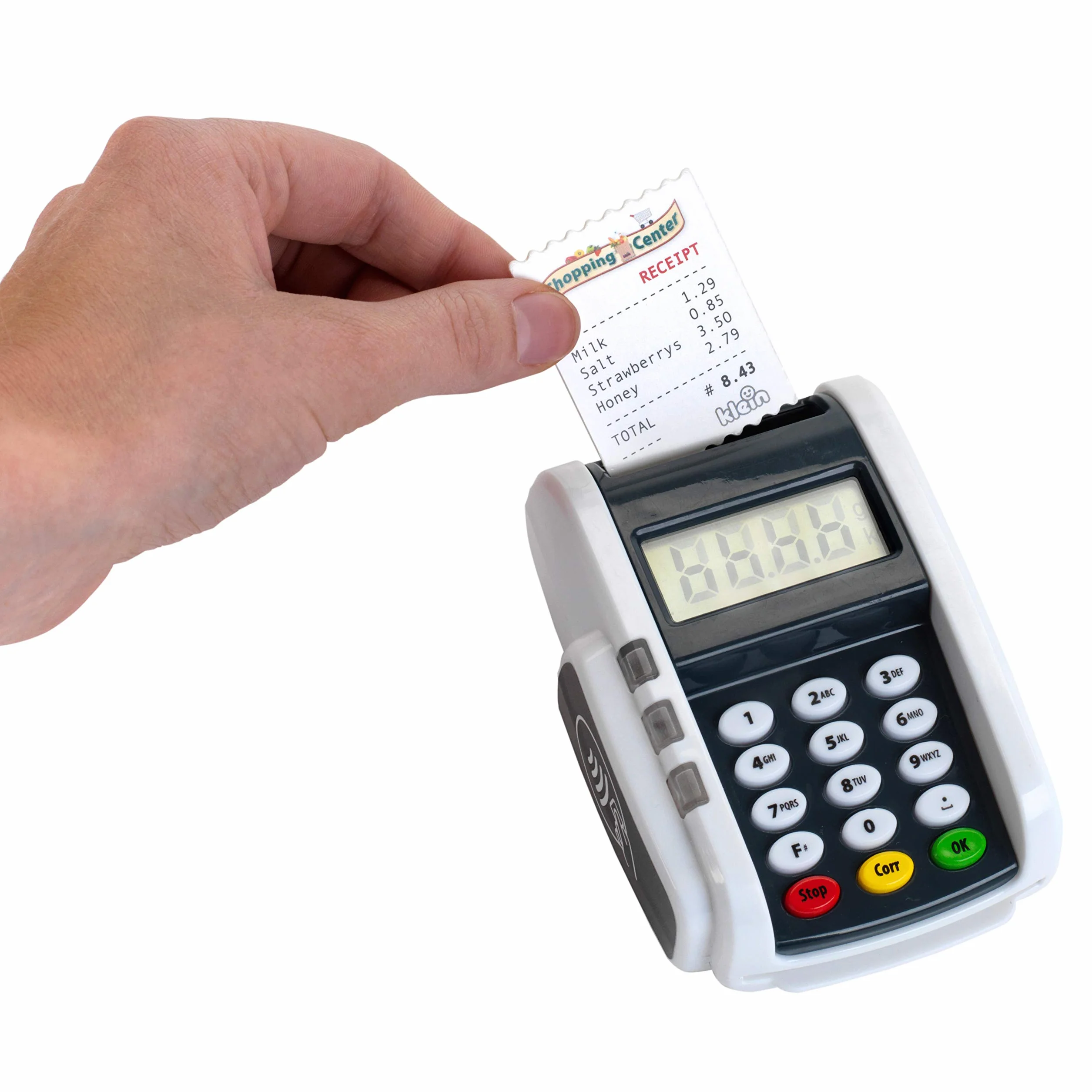 Theo Klein 9333 Terminal płatniczy światło + dźwięk | Zasilany na baterie dodatek do dziecięcych kas | Z funkcją płatności bezdotykowych | Zabawki dla dzieci od 3 lat