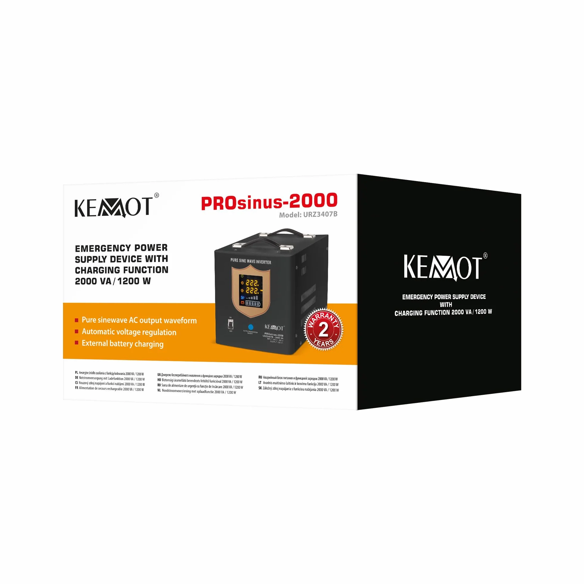 Kemot Awaryjne Źródło Zasilania PROsinus-2000 Przetwornica z Czystym Przebiegiem Sinusoidalnym i Funkcją Ładowania 12V 230V 2000VA/1200W URZ3407B Czarny