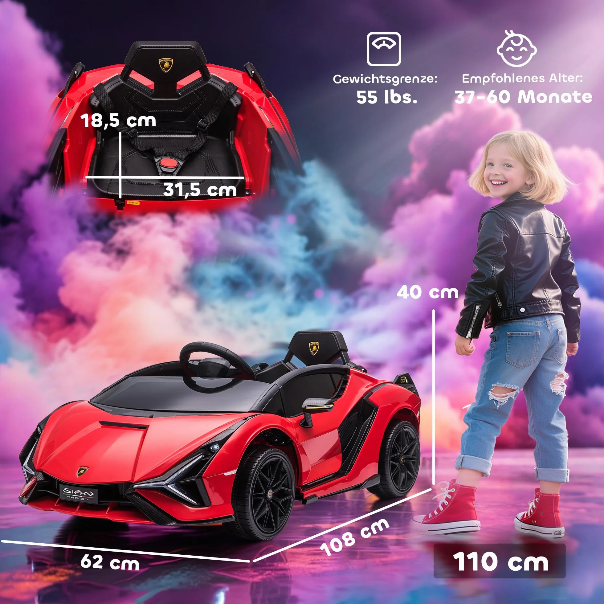 Samochód dziecięcy HOMCOM 2 tryby jazdy Lamborghini SIAN SUV autko zabawka samochód elektryczny z pilotem bardzo szerokie opony muzyka (MP3/USB) oświetlenie 3–5 lat PP metal czerwony 108 x 62 x 40 cm