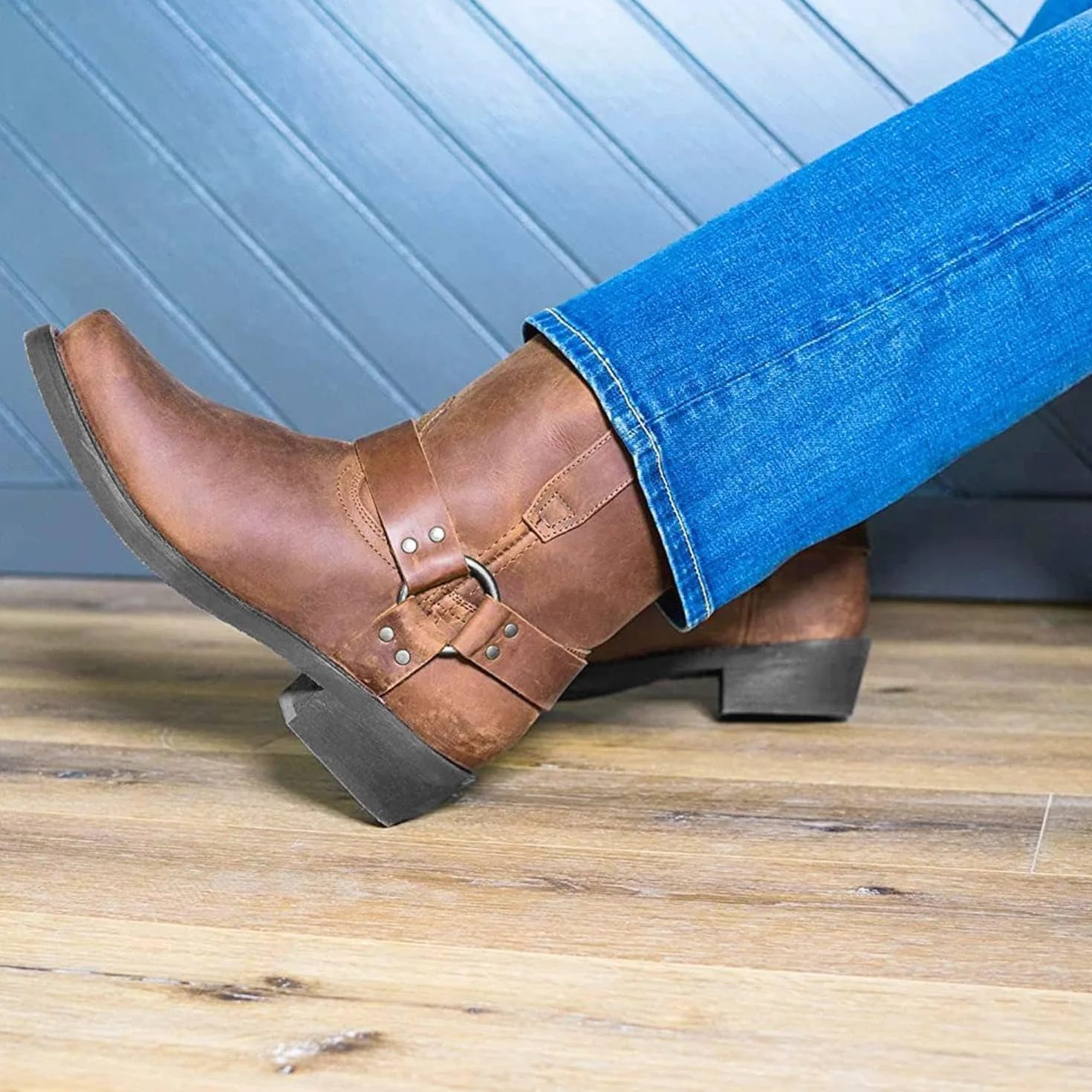 Kowbojki męskie, buty kowbojskie i motocyklowe, skórzane buty zachodnie, antypoślizgowe sznurowane buty do połowy łydki, brązowe, 43 EU