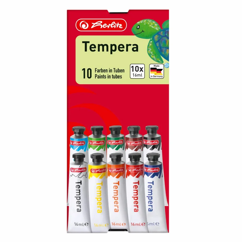 Herlitz® Farby Tempery 10 Kolorów | Zakręcane Tubki po 16 ml | Nietoksyczne farby do majsterkowania | Malowanie Szkolne Obrazów Rękodzieł Plakatów | Wyciskane | Światłotrwałe| Kolorowe