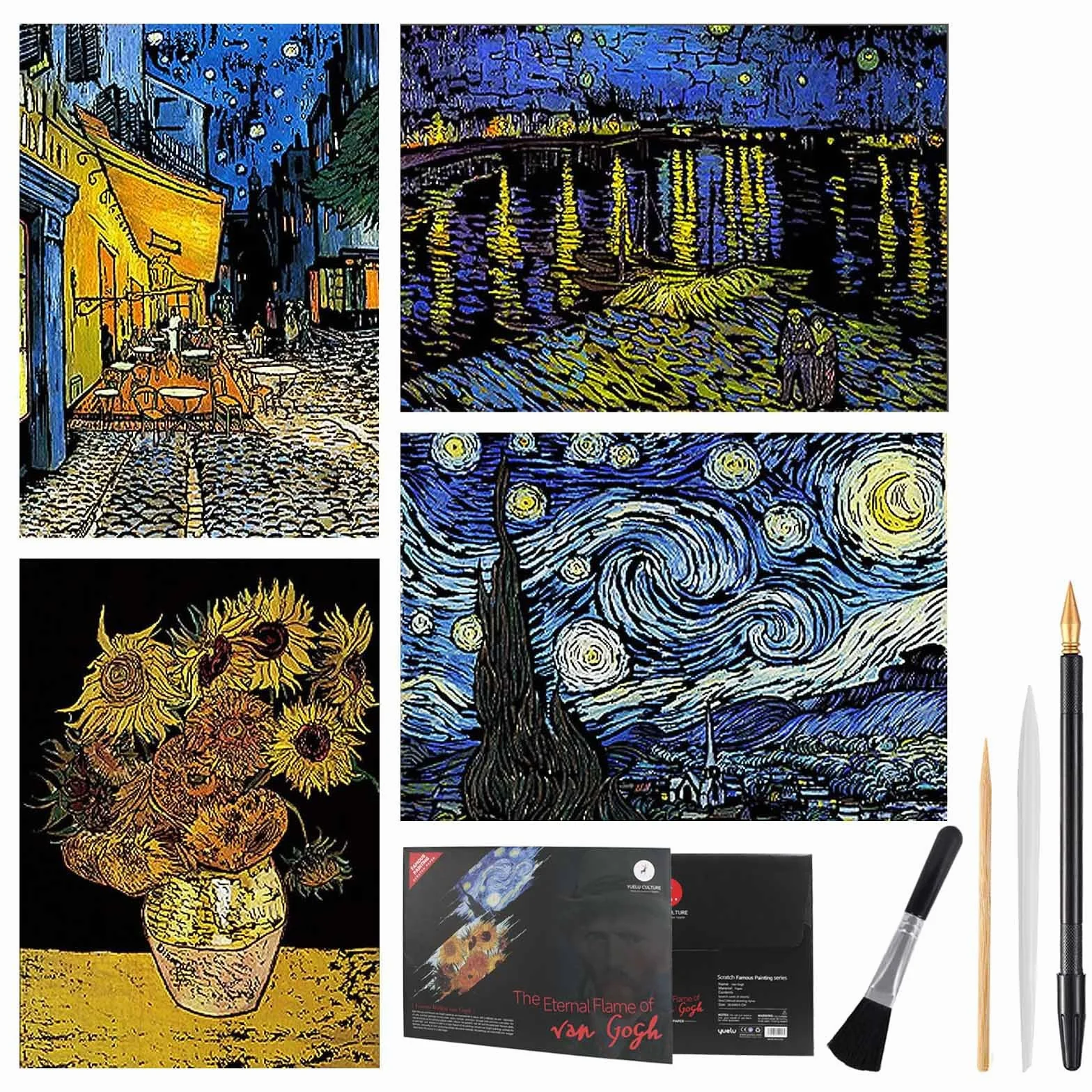 EGOSKY Obraz do drapania, 4 sztuki Van Gogha, tęczowy papier dla dorosłych i dzieci, DIY, sztuka, rękodzieło, drapak z 4 narzędziami do drapania