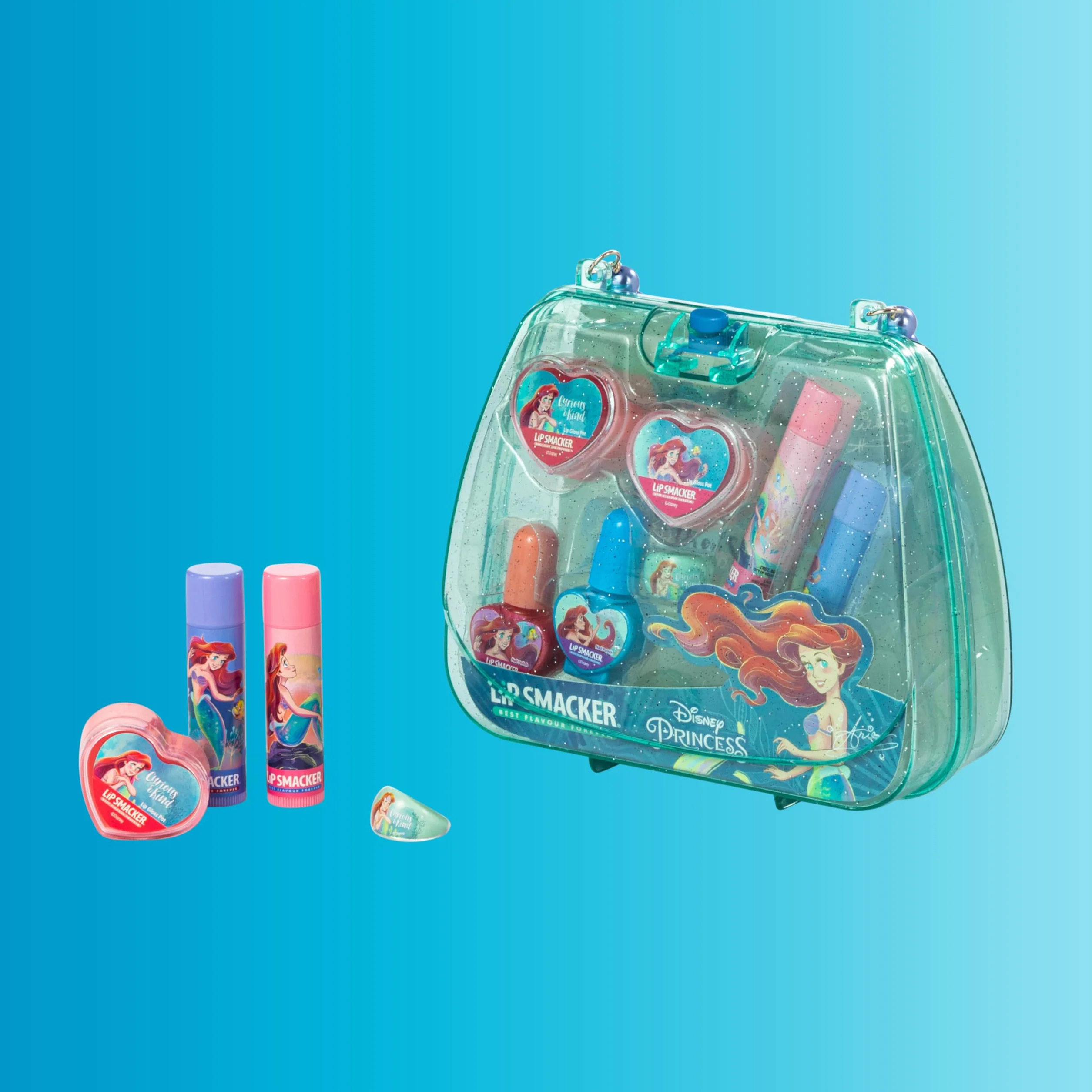 Lip Smacker Princess Ariel Mini Tote Bag, Bezpieczny w Użyciu Zestaw Upominkowy do Makijażu dla Dzieci, do Makijażu Twarzy, Ust i Paznokci Wraz z Akcesoriami Kosmetycznymi dla Wyglądu Księżniczki
