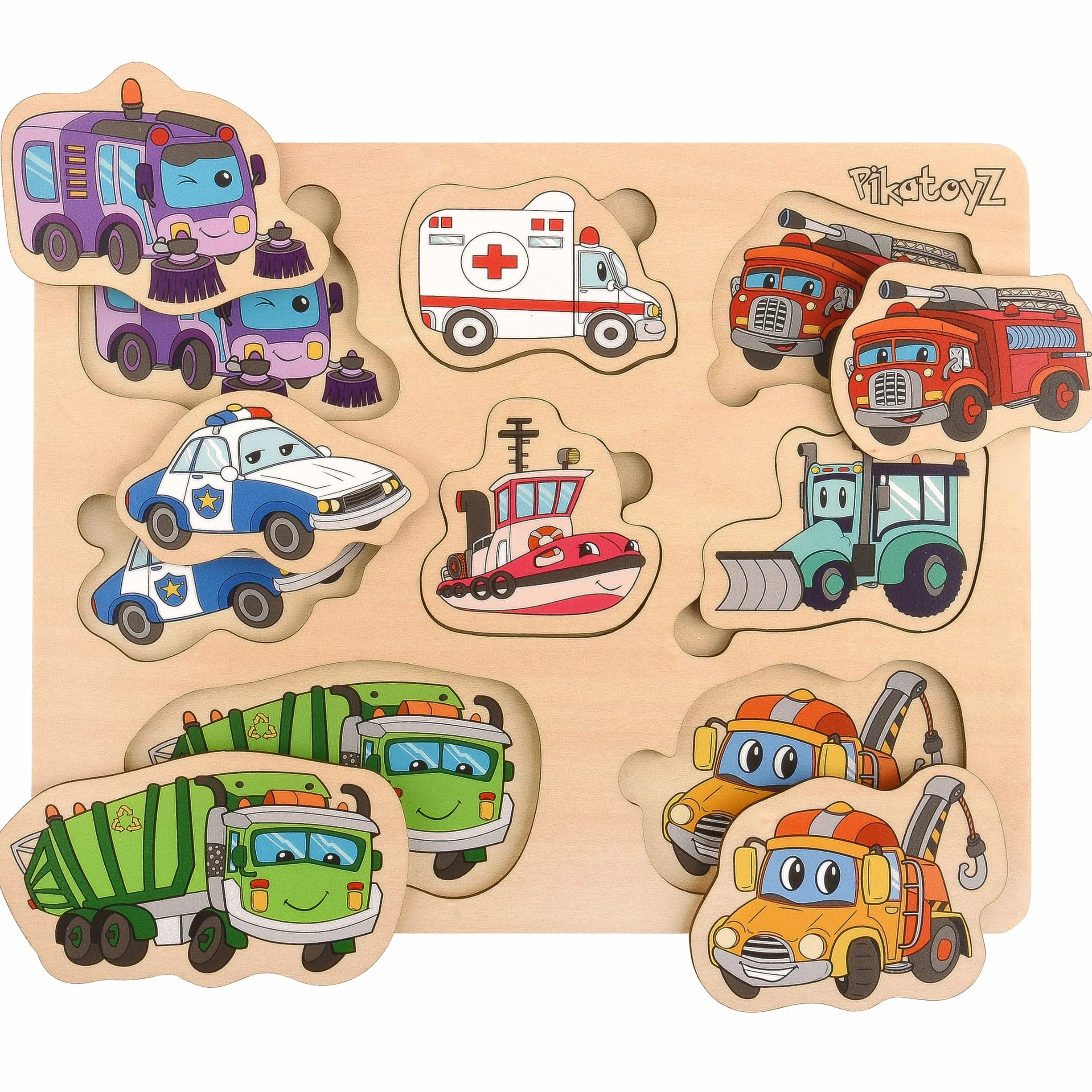 Montessori Zabawka od 1 Roku, 2 i 3 Lat – Puzzle z Drewna z Pojazdami Pomocniczymi – Puzzle dla Dzieci i Gra Łączeniowa dla Małych Dzieci