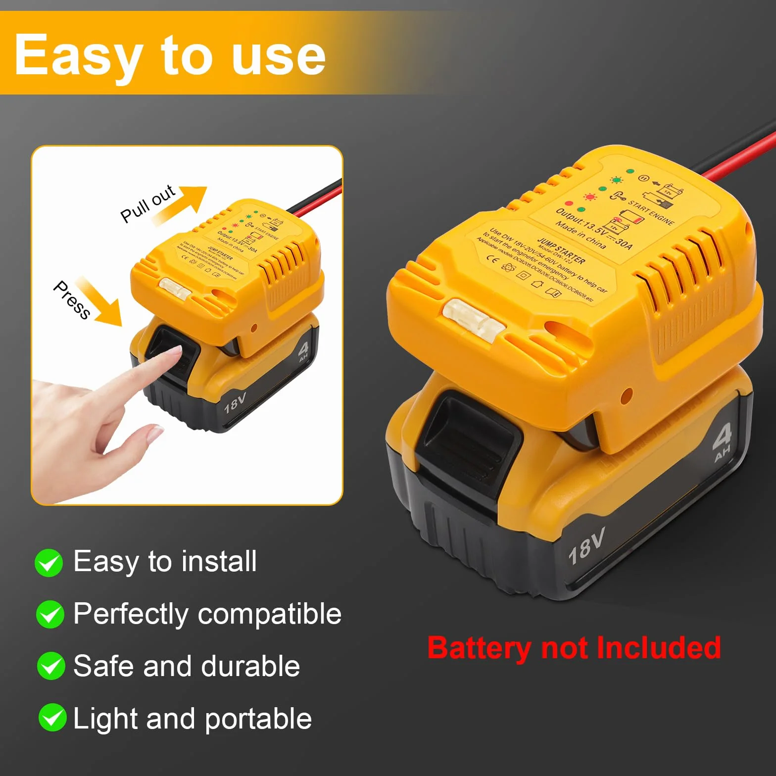 Urządzenie ułatwiające rozruch samochodu, kompatybilne z akumulatorem Dewalt 18 V – przenośne urządzenie ułatwiające rozruch i adapter powerbanku, akumulator 12 V, idealny do pomocy w przypadku awarii