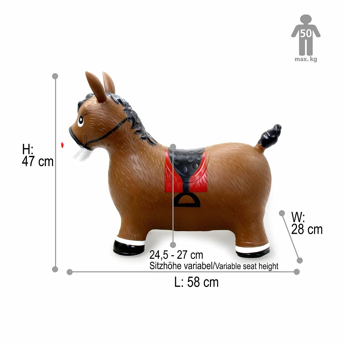 JAMARA 460597 Koń podskakujący z pompką, do 50 kg, wspomaga zmysł równowagi i zdolności motoryczne, wytrzymały i wytrzymały, łatwy w pielęgnacji, brązowy