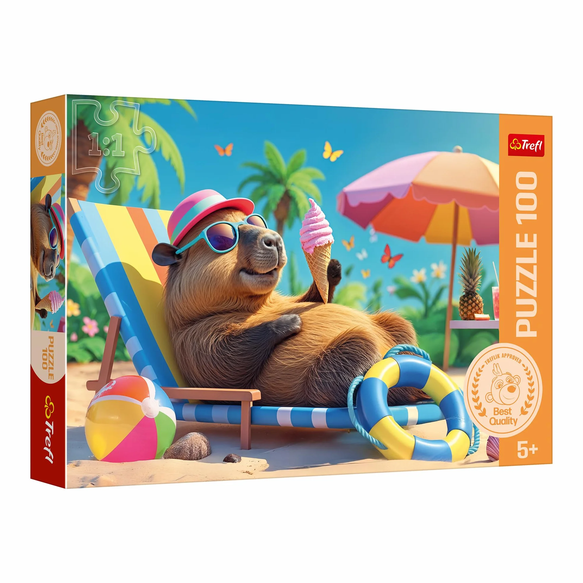Trefl - The Treflik Family, Relaks w Stylu Kapibary - Puzzle 100 Elementów - Kolorowe Puzzle ze Zwierzętami, Kreatywna Rozrywka, Zabawa dla Dzieci od 5 lat