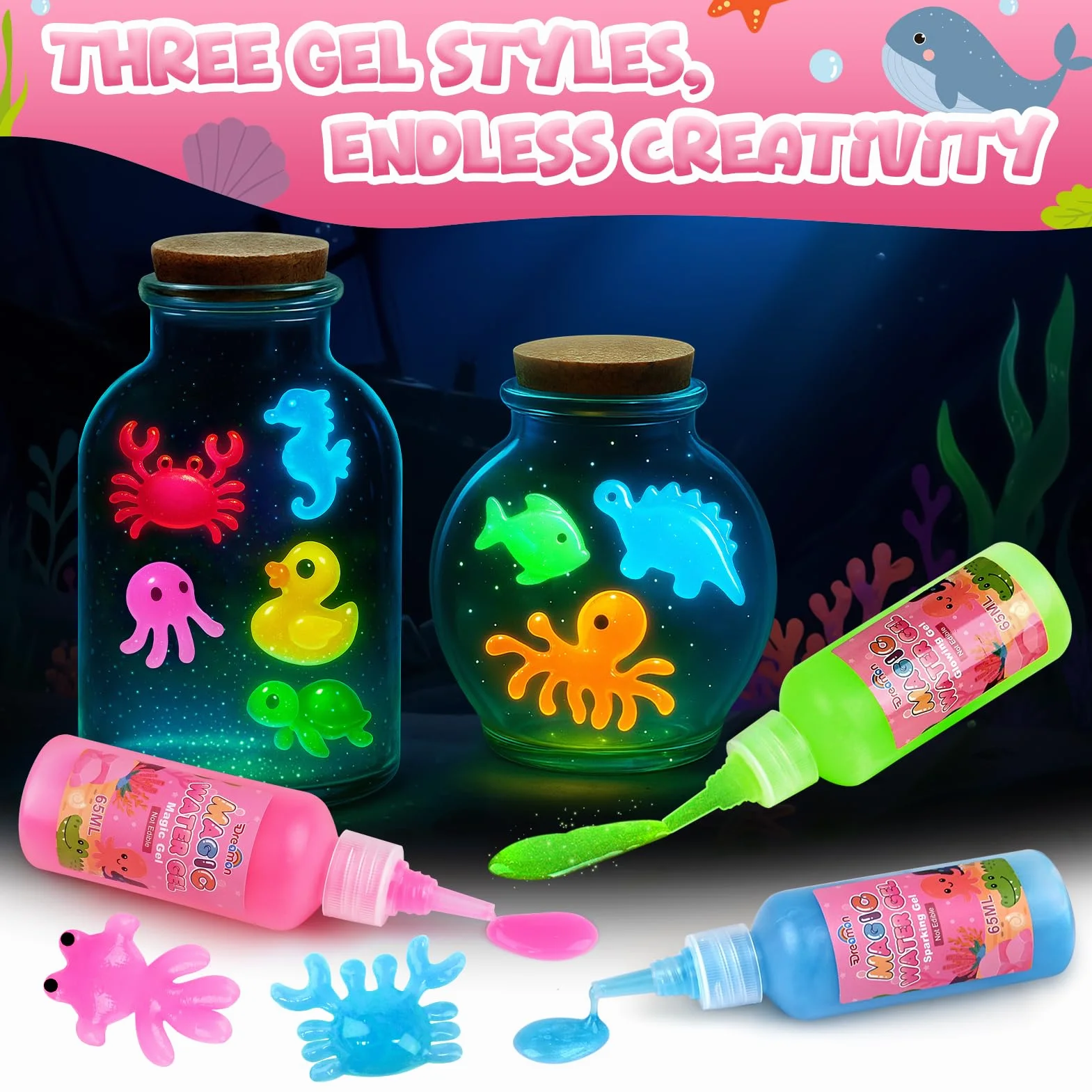 Dreamon Magic Gel Water Kit, 53 szt. "zrób to sam" 3D Aqua Gelz zabawka w 22 kolorach i 16 formach, Aqua Fairy kreatywny zestaw dla dzieci od 3+, prezent na urodziny, Boże Narodzenie dla dziewczynek