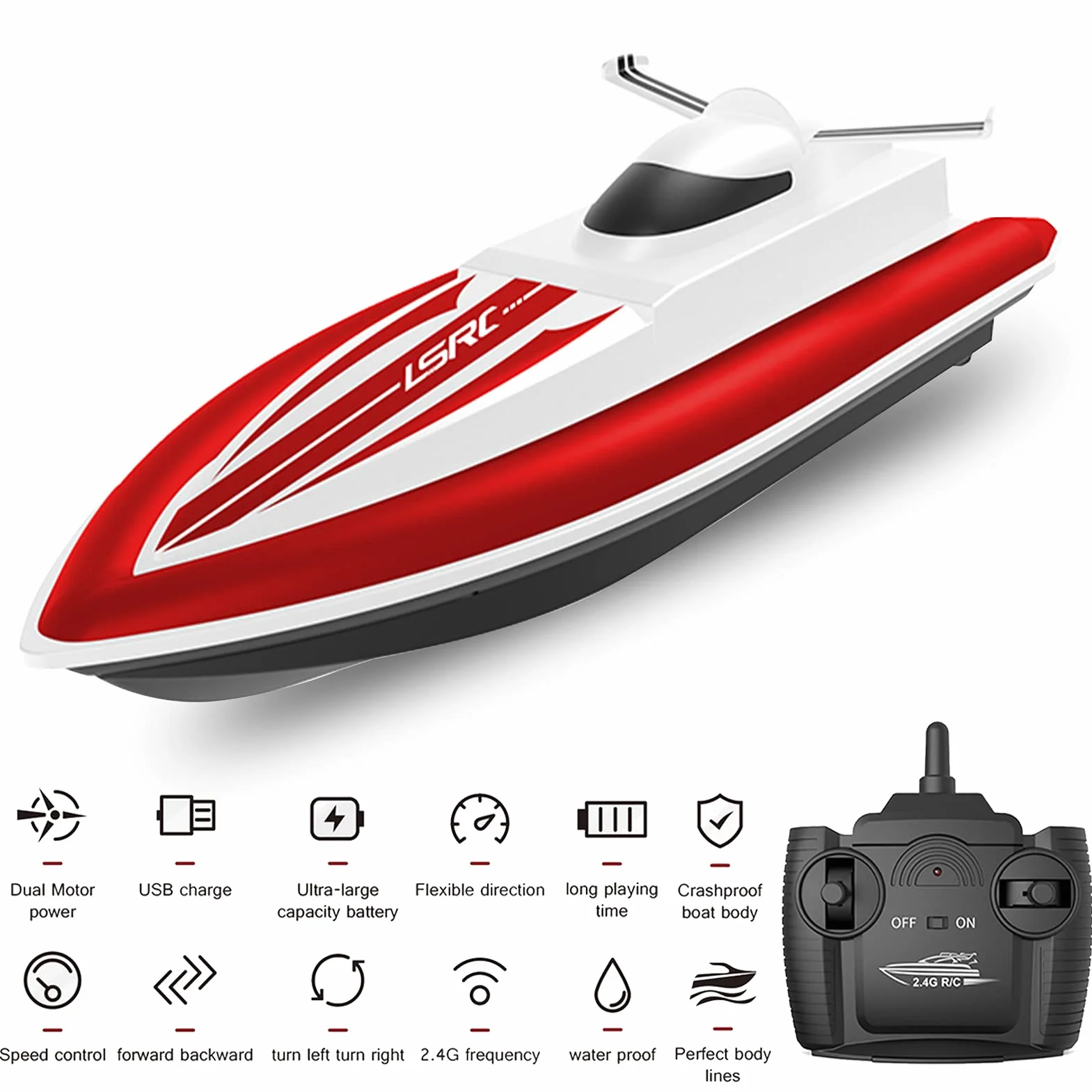 Goolsky Łódka RC z pilotem, statek wyścigowy 2,4 GHz, wodoodporna zabawka do jeziora, basenu, morza, prezent dla dzieci, chłopców, dziewcząt